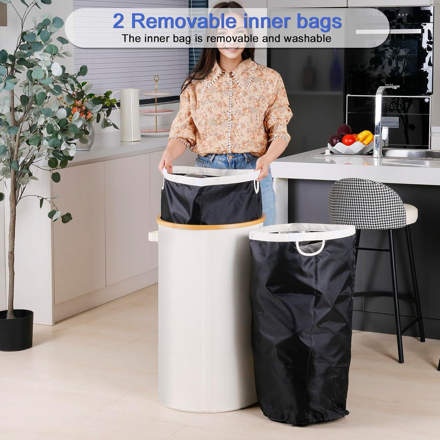 imageEfluky Recycling Bin 100L 26 Gallon Beige DShaped Oxford Fabric 1732L x 129W x 1146H 2 Removable Inner Bags Lightweight OpenTop Cycling KitchenBeige