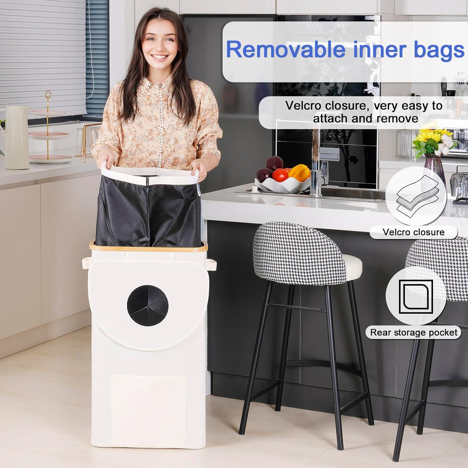 imageEfluky Recycling Bin 100L 26 Gallon Beige DShaped Oxford Fabric 1732L x 129W x 1146H 2 Removable Inner Bags Lightweight OpenTop Cycling KitchenBeige