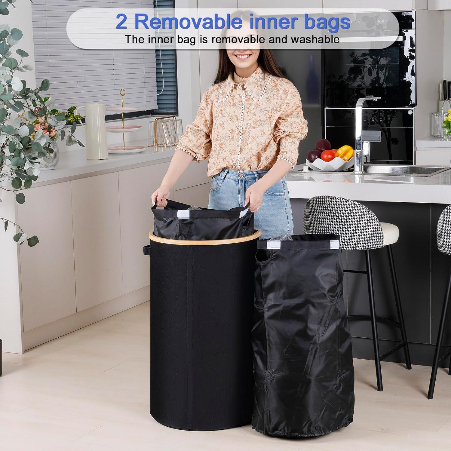 imageEfluky Recycling Bin 100L 26 Gallon Beige DShaped Oxford Fabric 1732L x 129W x 1146H 2 Removable Inner Bags Lightweight OpenTop Cycling KitchenBlack