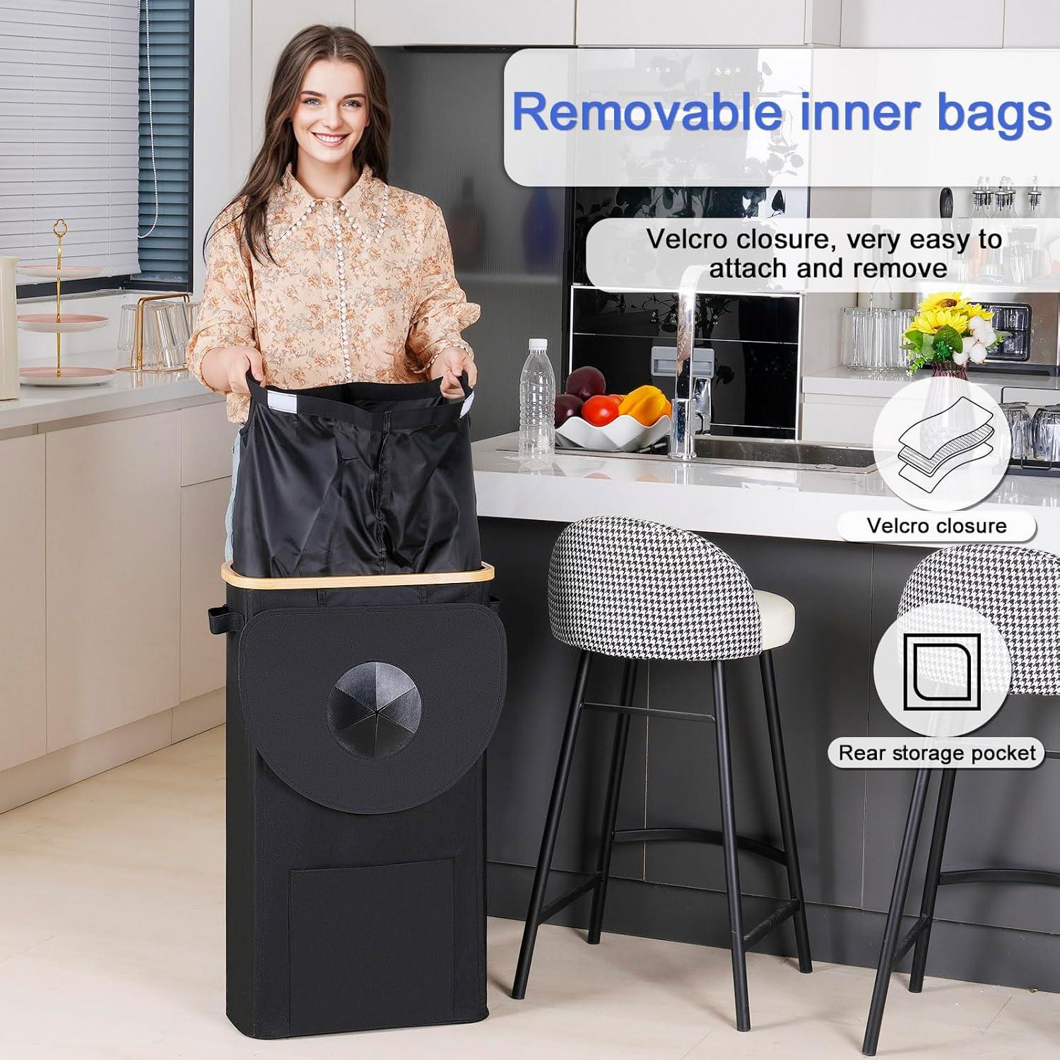 imageEfluky Recycling Bin 100L 26 Gallon Beige DShaped Oxford Fabric 1732L x 129W x 1146H 2 Removable Inner Bags Lightweight OpenTop Cycling KitchenBlack