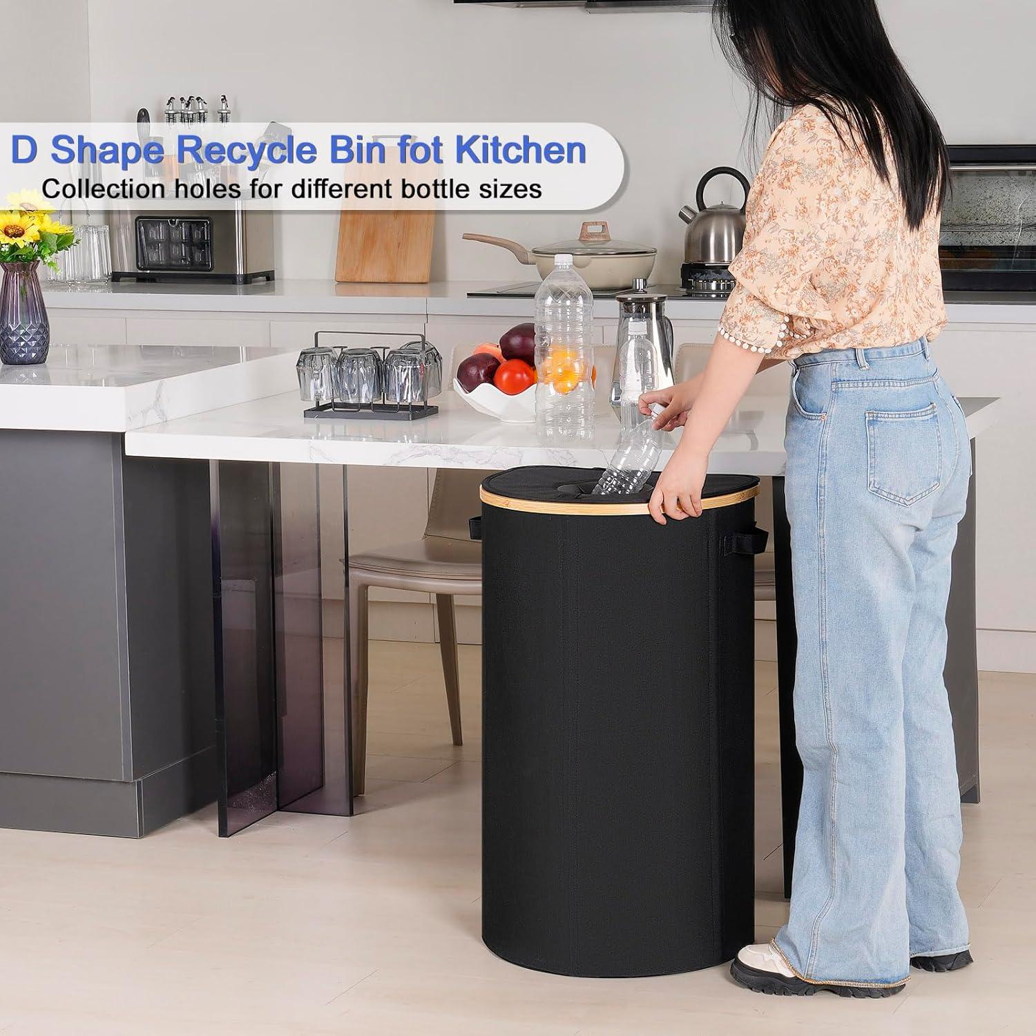 imageEfluky Recycling Bin 100L 26 Gallon Beige DShaped Oxford Fabric 1732L x 129W x 1146H 2 Removable Inner Bags Lightweight OpenTop Cycling KitchenBlack
