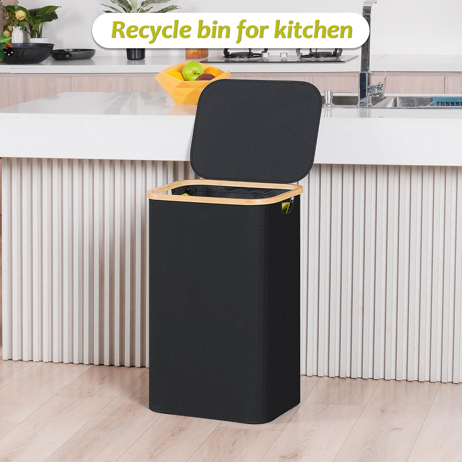 imageEfluky Recycling Bin 100L 26 Gallon Beige DShaped Oxford Fabric 1732L x 129W x 1146H 2 Removable Inner Bags Lightweight OpenTop Cycling KitchenBlack
