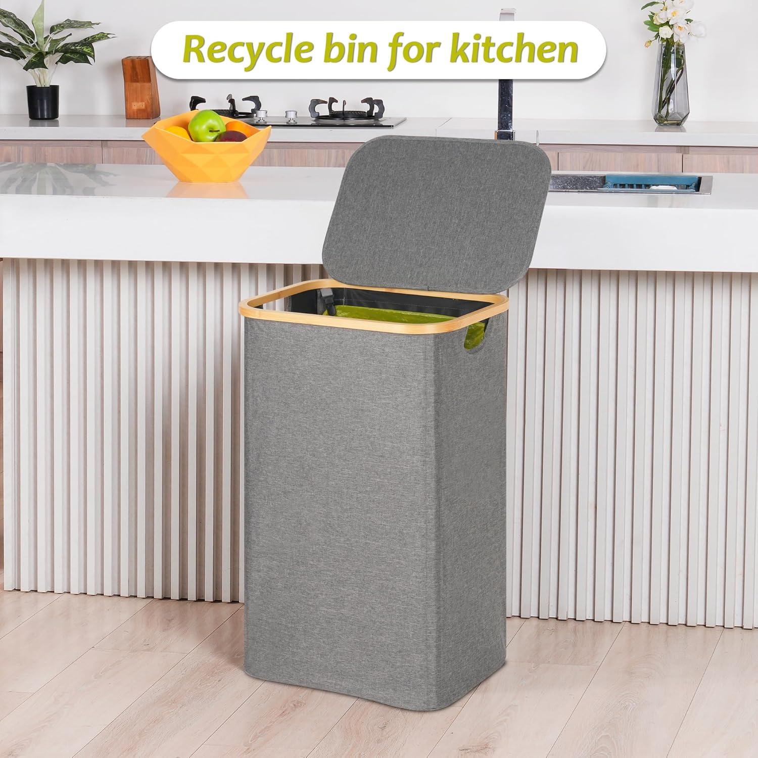 imageEfluky Recycling Bin 100L 26 Gallon Beige DShaped Oxford Fabric 1732L x 129W x 1146H 2 Removable Inner Bags Lightweight OpenTop Cycling KitchenGrey