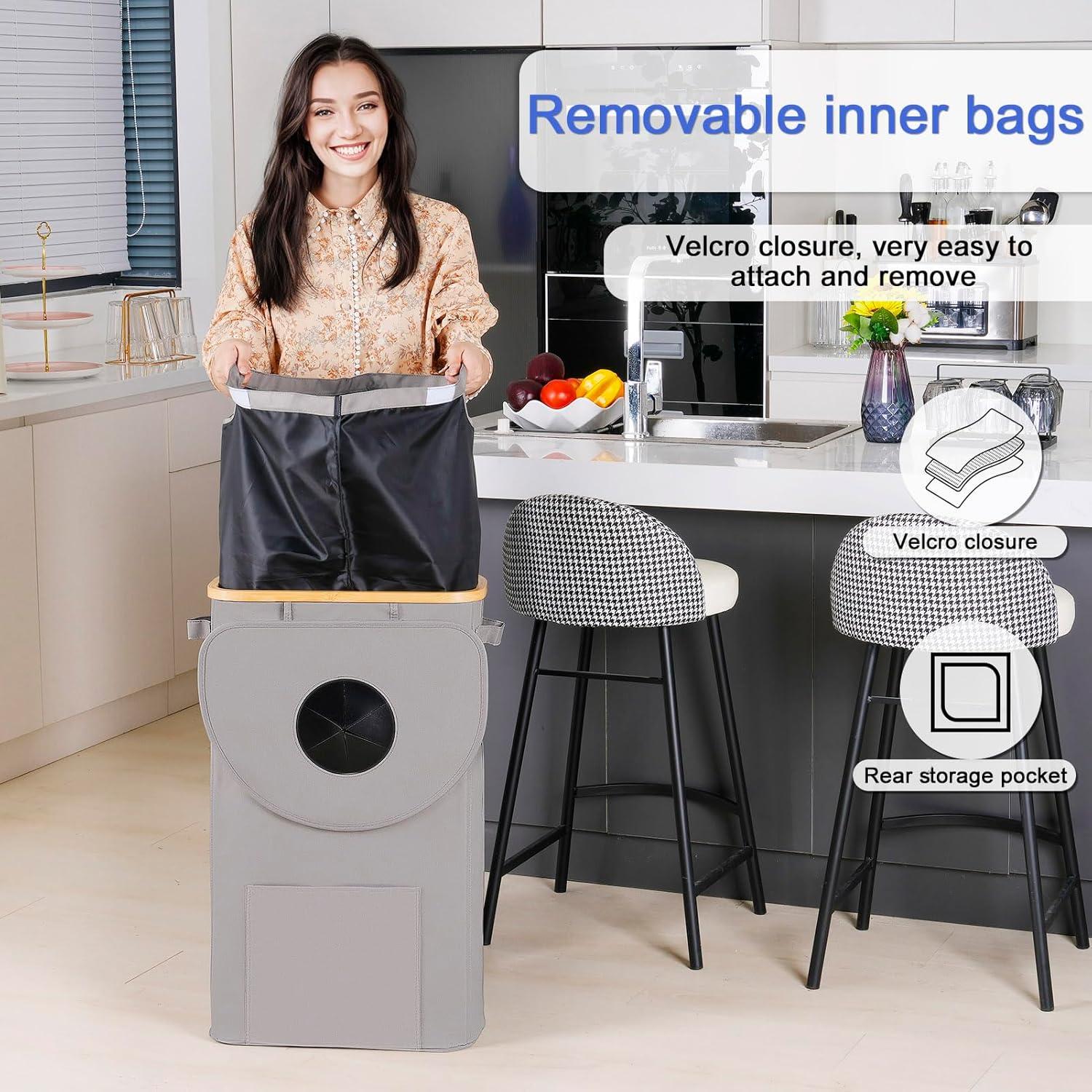imageEfluky Recycling Bin 100L 26 Gallon Beige DShaped Oxford Fabric 1732L x 129W x 1146H 2 Removable Inner Bags Lightweight OpenTop Cycling KitchenGrey