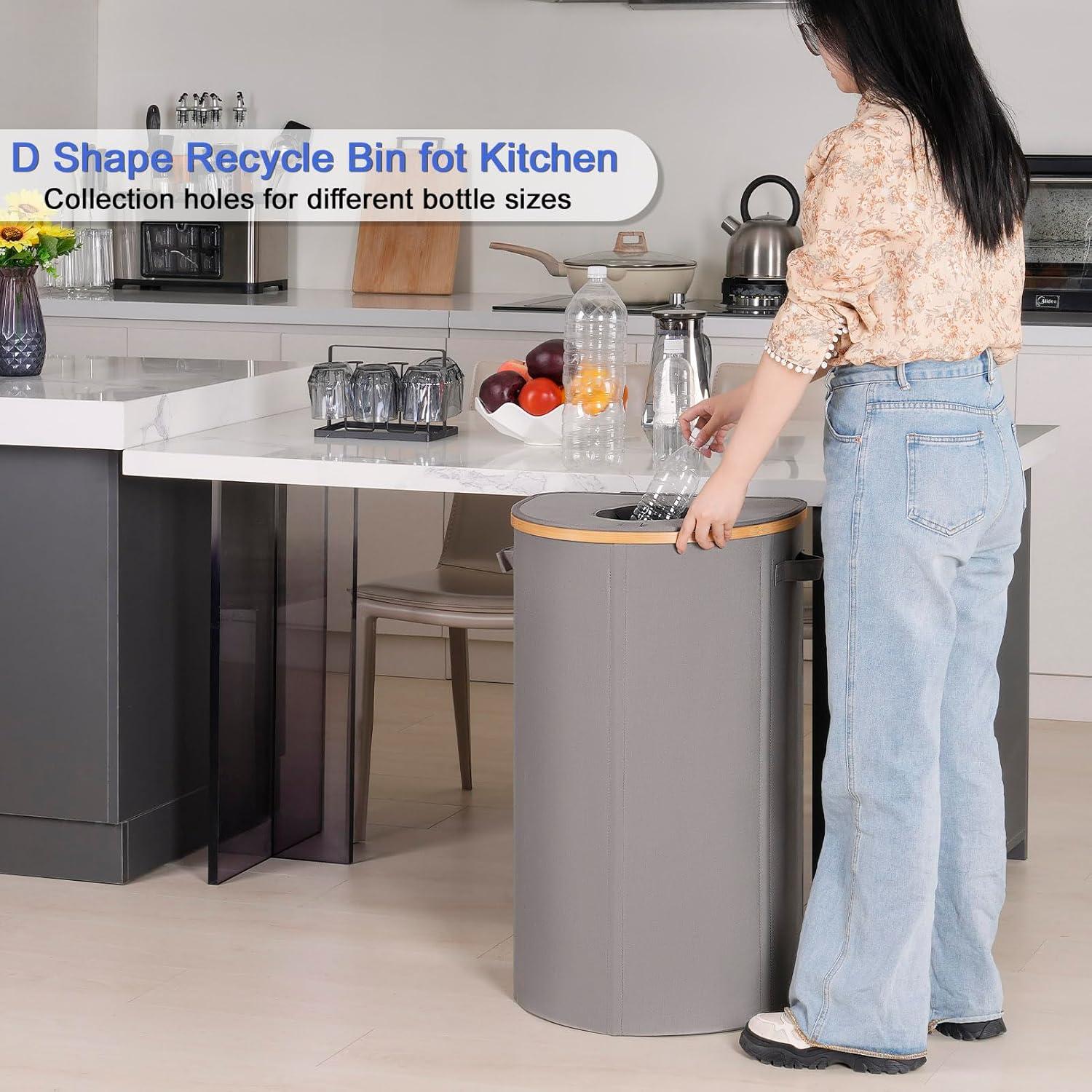 imageEfluky Recycling Bin 100L 26 Gallon Beige DShaped Oxford Fabric 1732L x 129W x 1146H 2 Removable Inner Bags Lightweight OpenTop Cycling KitchenGrey