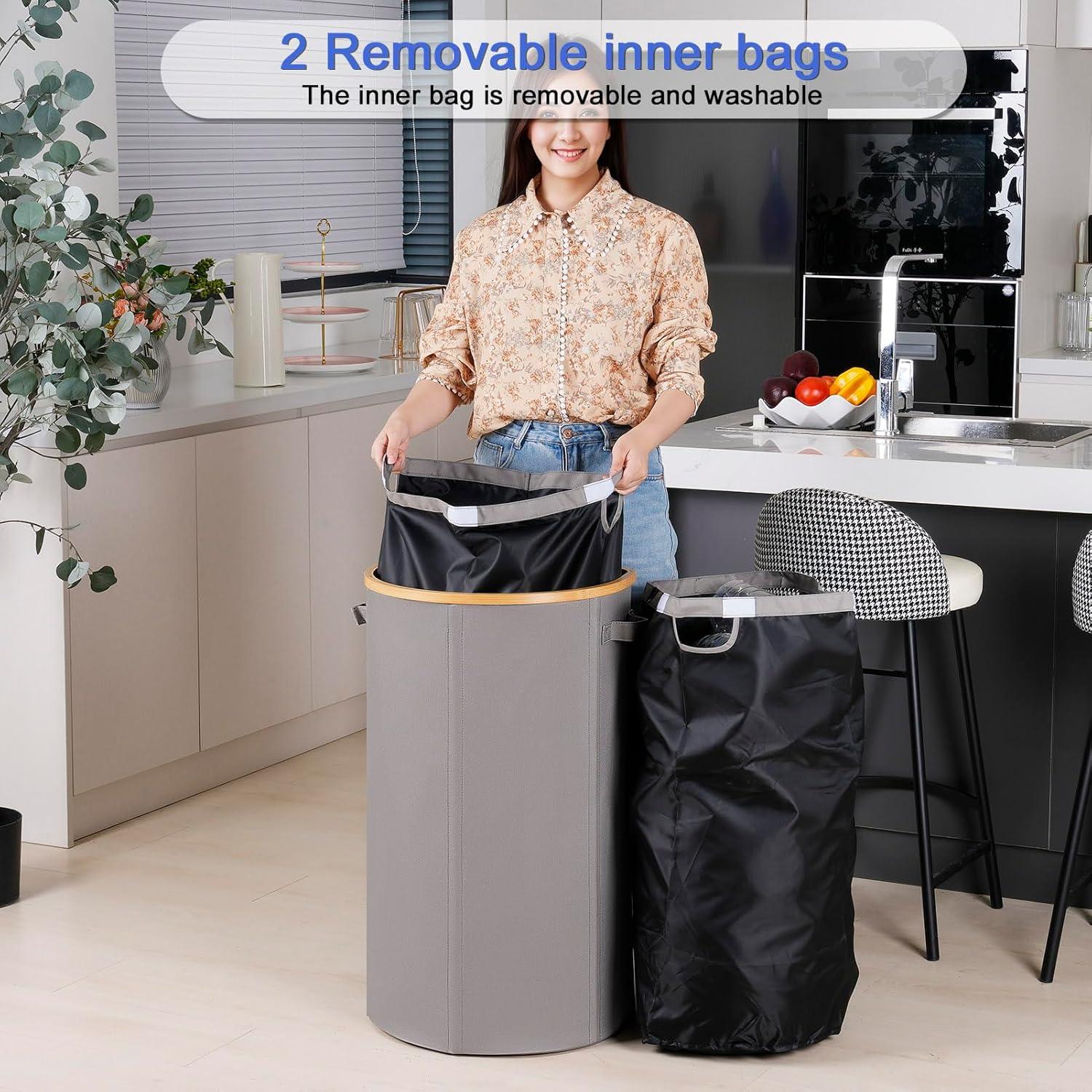 imageEfluky Recycling Bin 100L 26 Gallon Beige DShaped Oxford Fabric 1732L x 129W x 1146H 2 Removable Inner Bags Lightweight OpenTop Cycling KitchenGrey