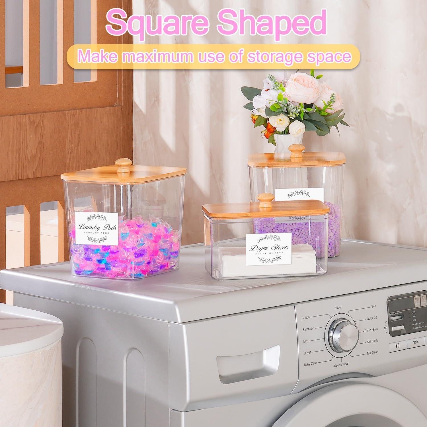 imageefluky 3 Pack Laundry Pods Container amp Dryer Sheet Holder SetClear Laundry Room Organization Containers with Bamboo Lids and LabelsLaundry Pods Holder for Scent BoosterPowderPod3 pack