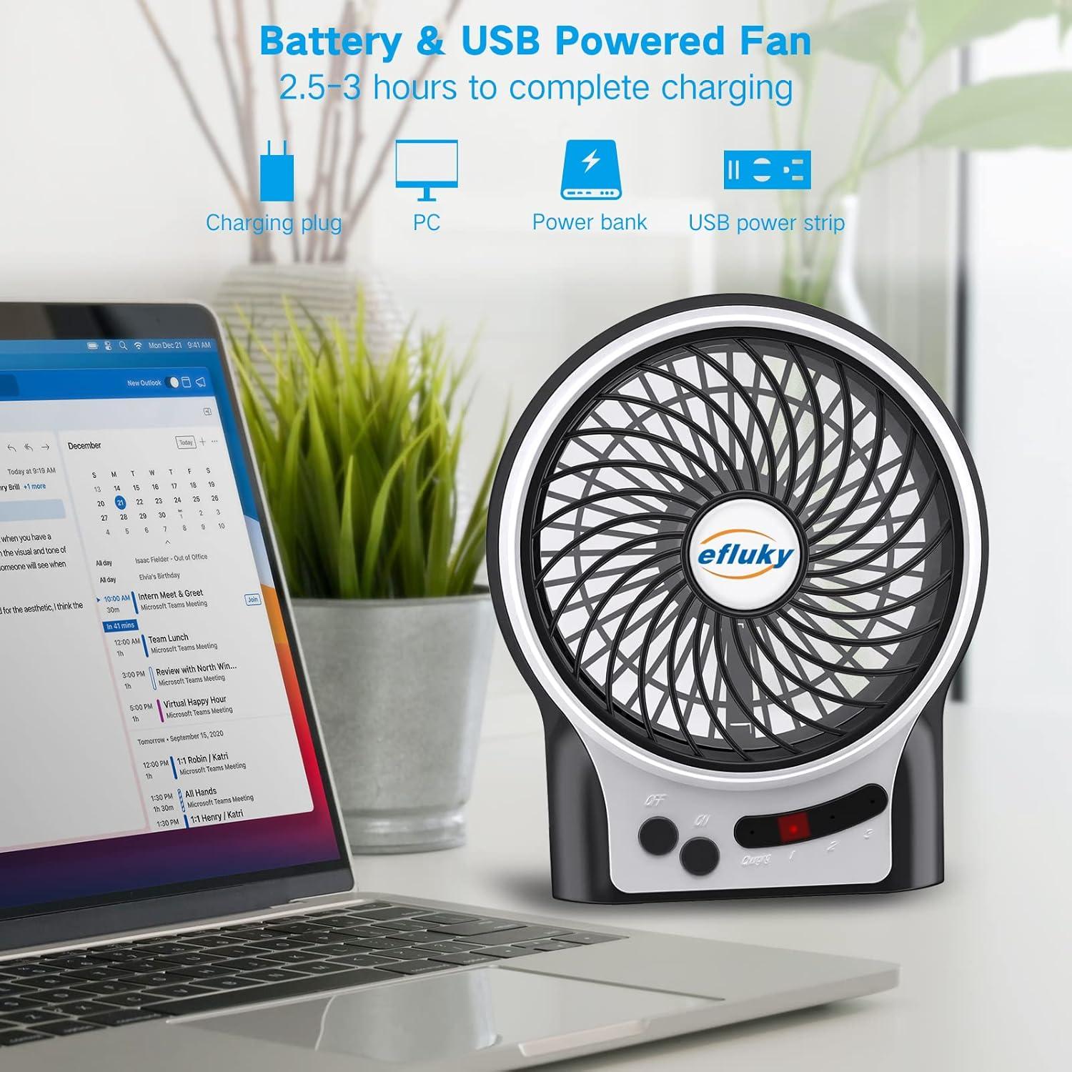 imageefluky 3Speed Mini Desk Fan with LED Light Portable USB Fan Quiet for Home Office Travel Camping Outdoor Indoor 49Inch PinkBlack