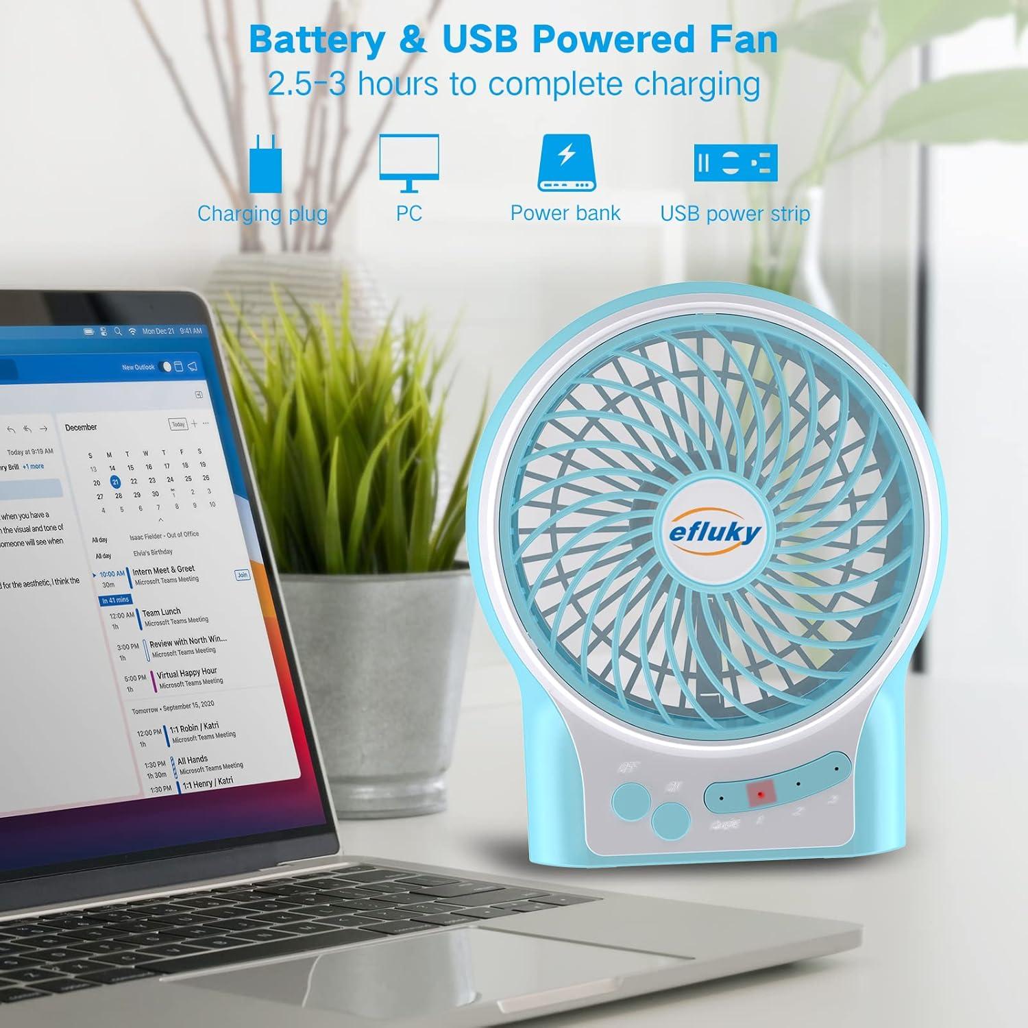 imageefluky 3Speed Mini Desk Fan with LED Light Portable USB Fan Quiet for Home Office Travel Camping Outdoor Indoor 49Inch PinkBlue