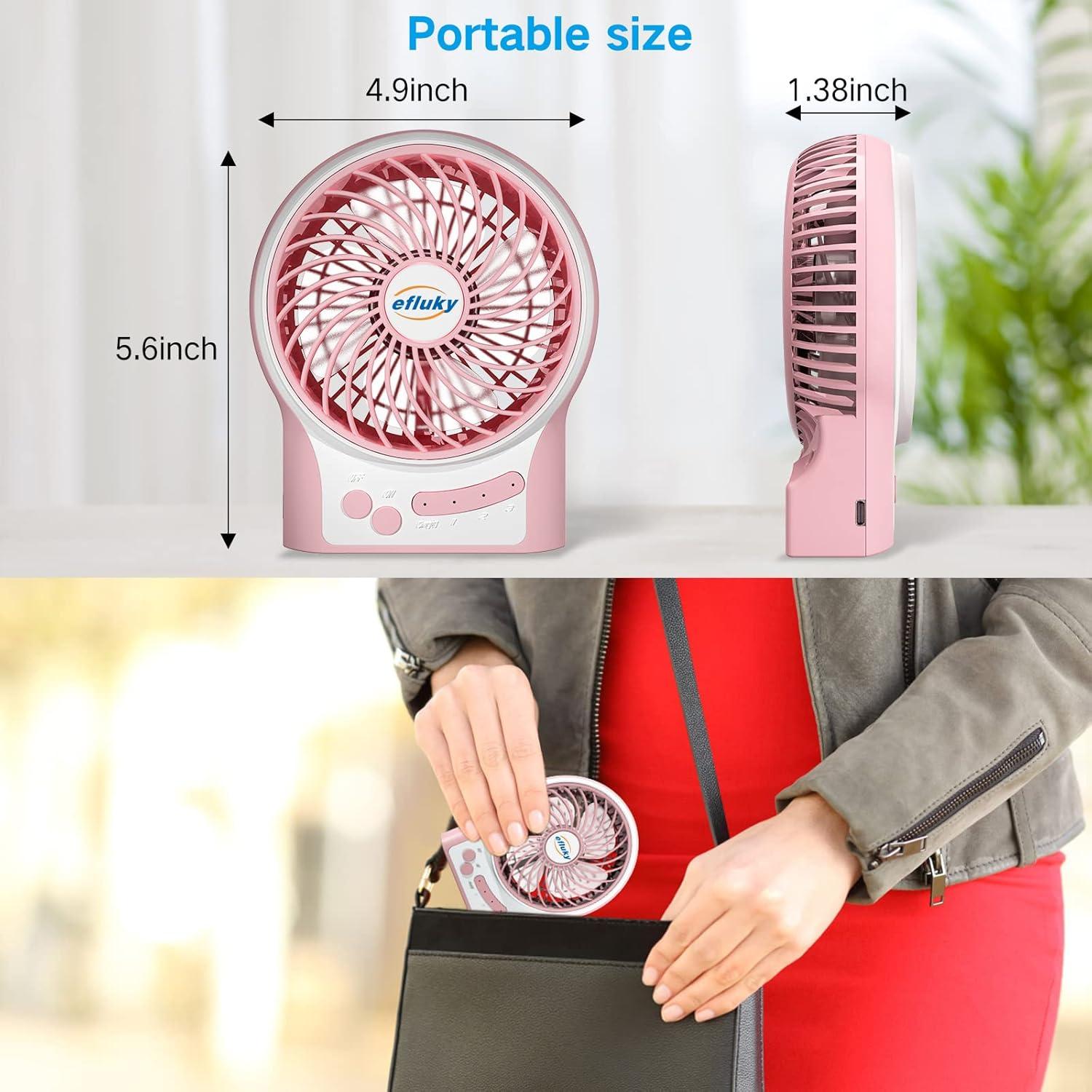 imageefluky 3Speed Mini Desk Fan with LED Light Portable USB Fan Quiet for Home Office Travel Camping Outdoor Indoor 49Inch PinkPink