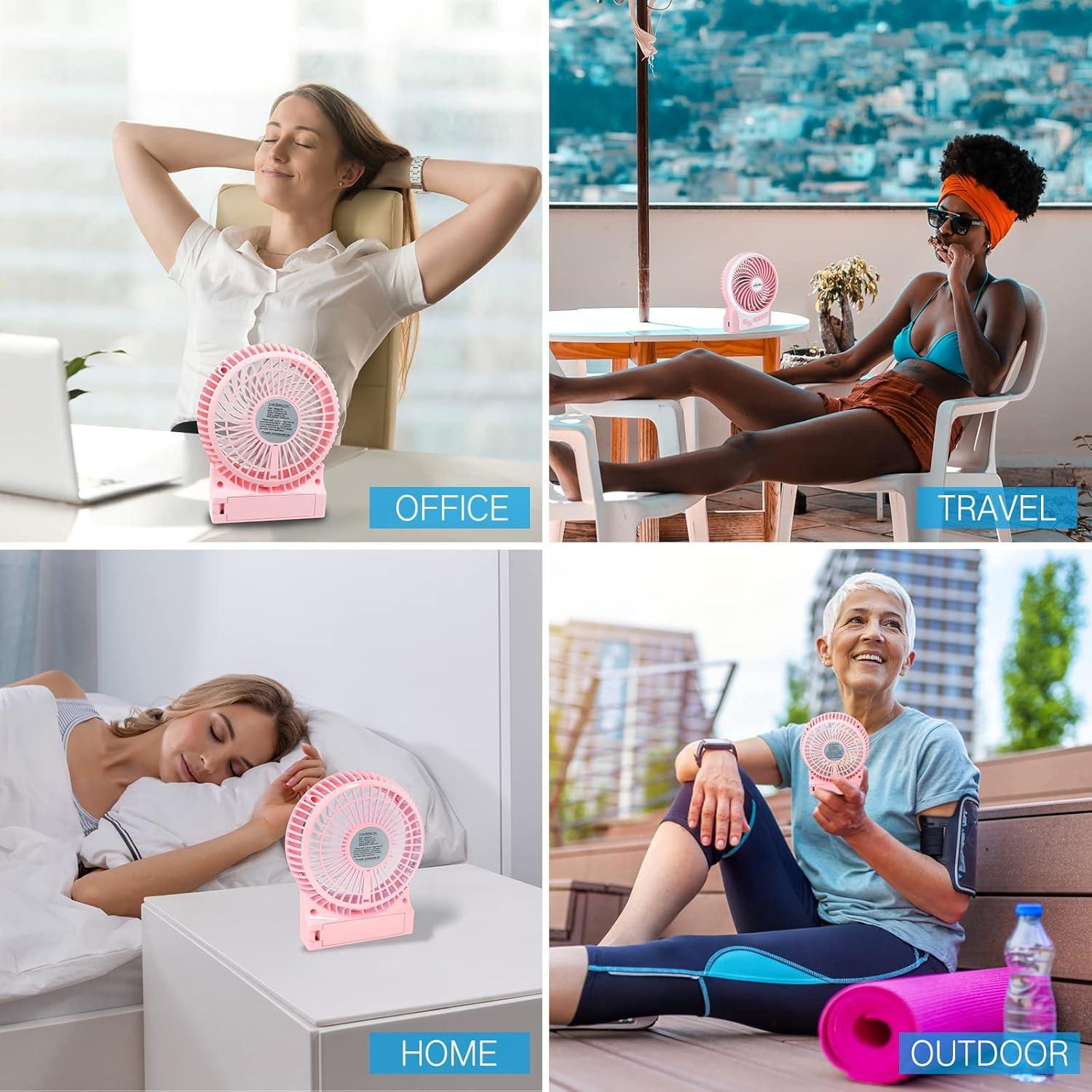 imageefluky 3Speed Mini Desk Fan with LED Light Portable USB Fan Quiet for Home Office Travel Camping Outdoor Indoor 49Inch PinkPink