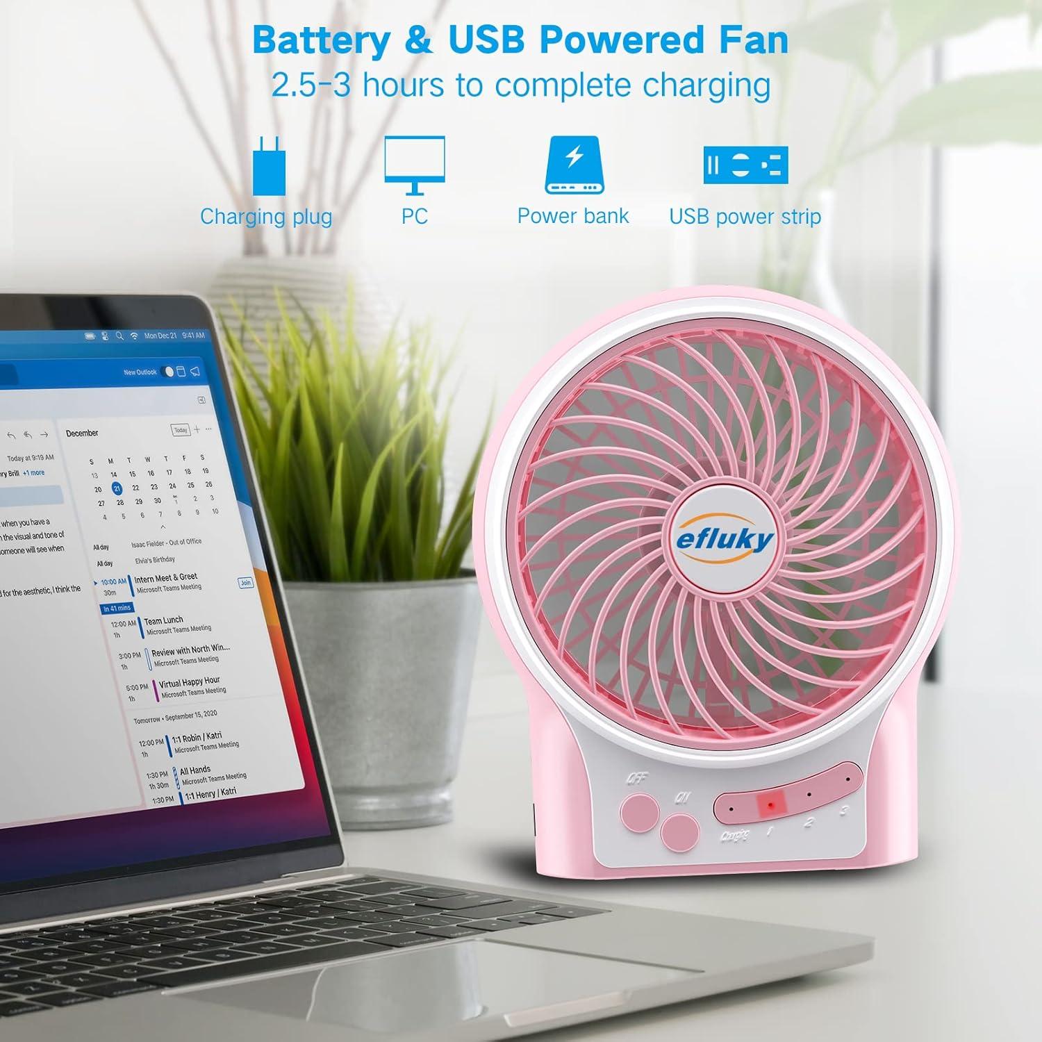 imageefluky 3Speed Mini Desk Fan with LED Light Portable USB Fan Quiet for Home Office Travel Camping Outdoor Indoor 49Inch PinkPink