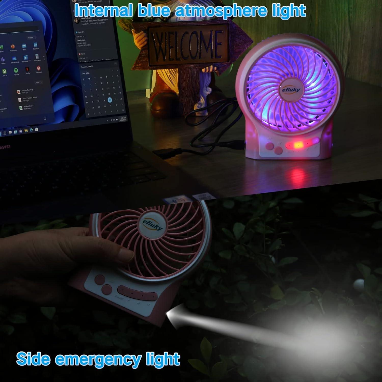 imageefluky 3Speed Mini Desk Fan with LED Light Portable USB Fan Quiet for Home Office Travel Camping Outdoor Indoor 49Inch PinkPink