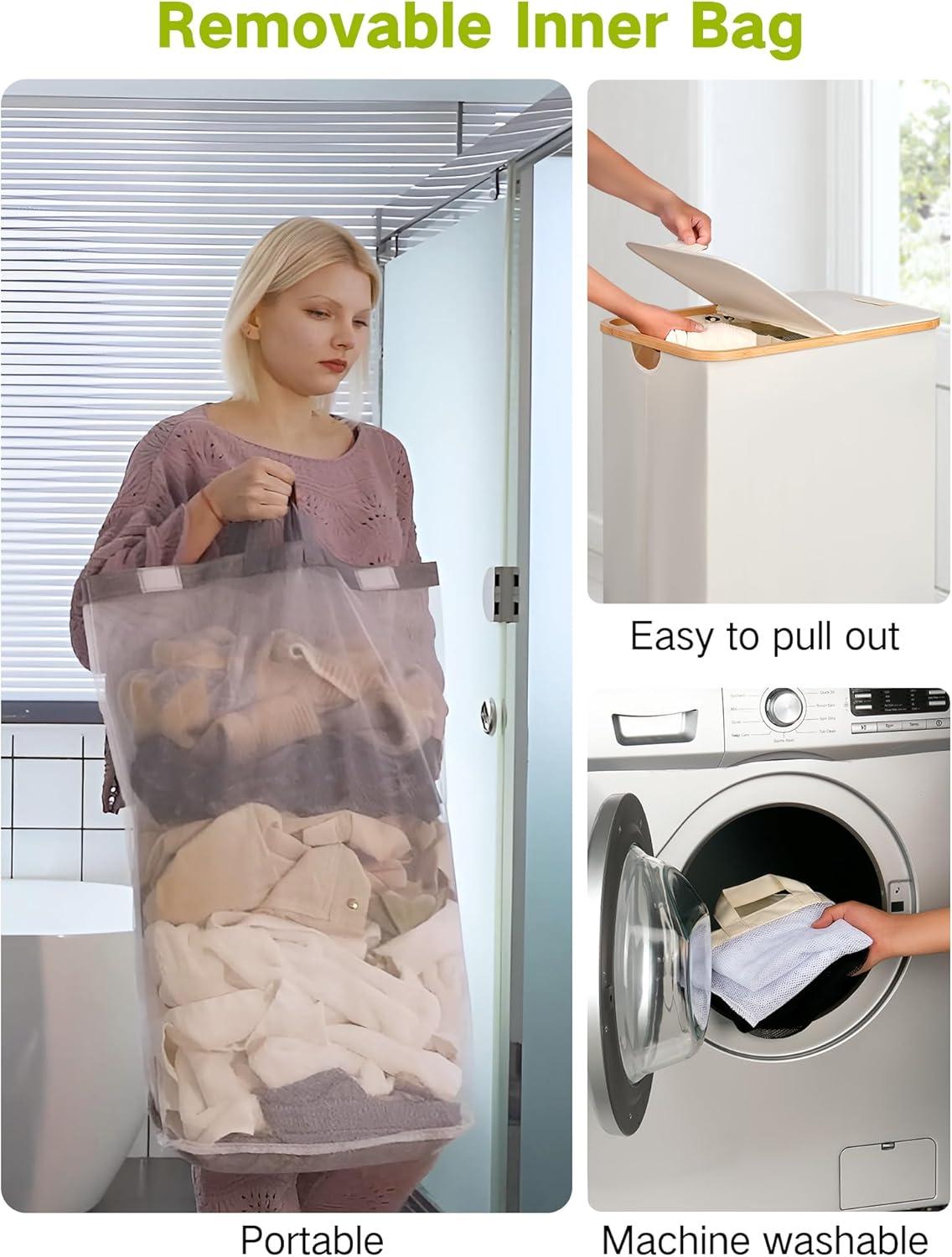 imageefluky Double Laundry Hamper with Wheels Divided Laundry Hamper with Removable Bags 2 Section Dirty Clothes Basket with Handles for Bathroom Bedroom amp Laundry Room 160L Beige