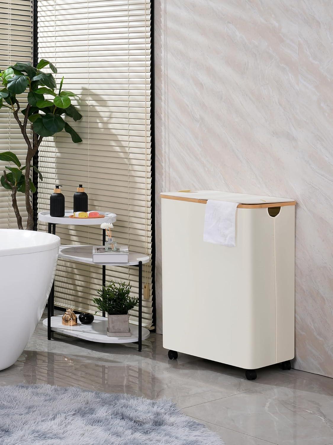 imageefluky Double Laundry Hamper with Wheels Divided Laundry Hamper with Removable Bags 2 Section Dirty Clothes Basket with Handles for Bathroom Bedroom amp Laundry Room 160L Beige
