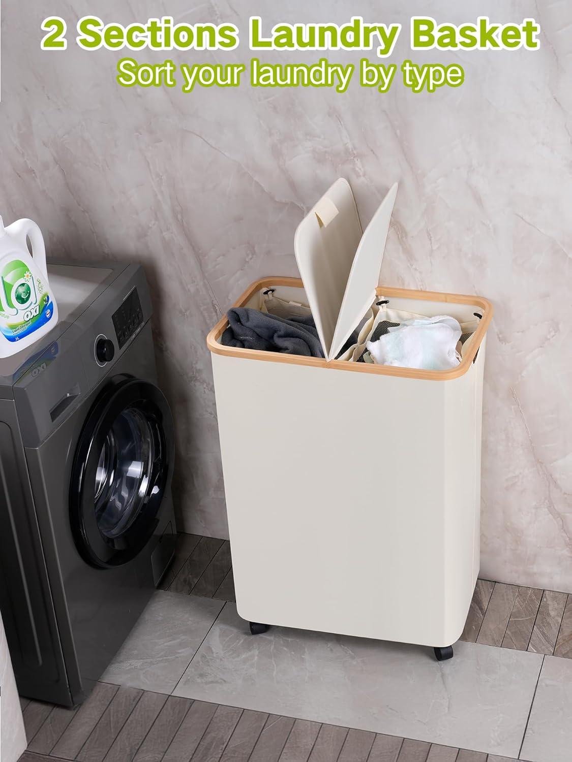 imageefluky Double Laundry Hamper with Wheels Divided Laundry Hamper with Removable Bags 2 Section Dirty Clothes Basket with Handles for Bathroom Bedroom amp Laundry Room 160L Beige