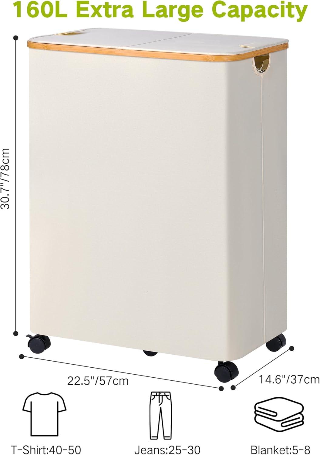 imageefluky Double Laundry Hamper with Wheels Divided Laundry Hamper with Removable Bags 2 Section Dirty Clothes Basket with Handles for Bathroom Bedroom amp Laundry Room 160L Beige