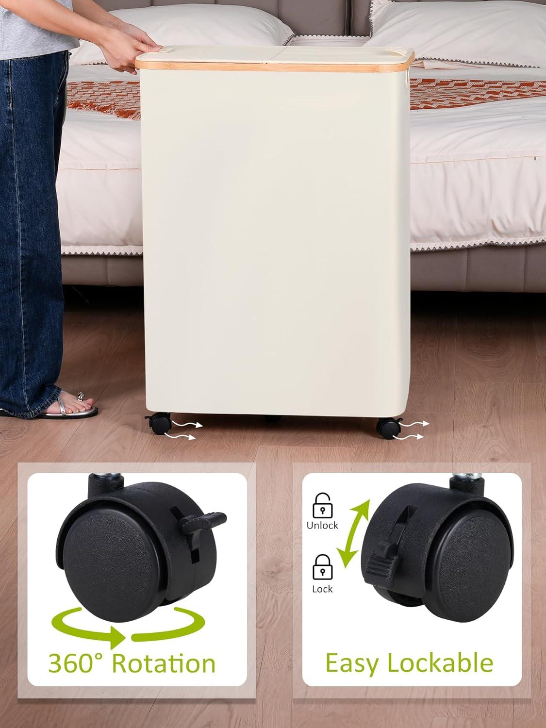 imageefluky Double Laundry Hamper with Wheels Divided Laundry Hamper with Removable Bags 2 Section Dirty Clothes Basket with Handles for Bathroom Bedroom amp Laundry Room 160L Beige