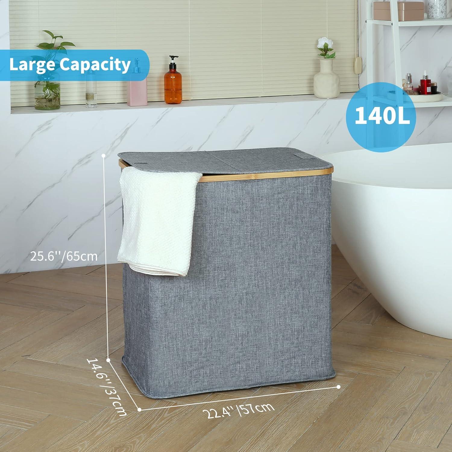 imageefluky Laundry Hamper with Lid Double Laundry Hamper with 2 Removable Bags 2 Section Laundry Basket with Bamboo Handles for Bathroom Bedroom amp Laundry Room 140L 369 Gallon BeigeBlue Grey