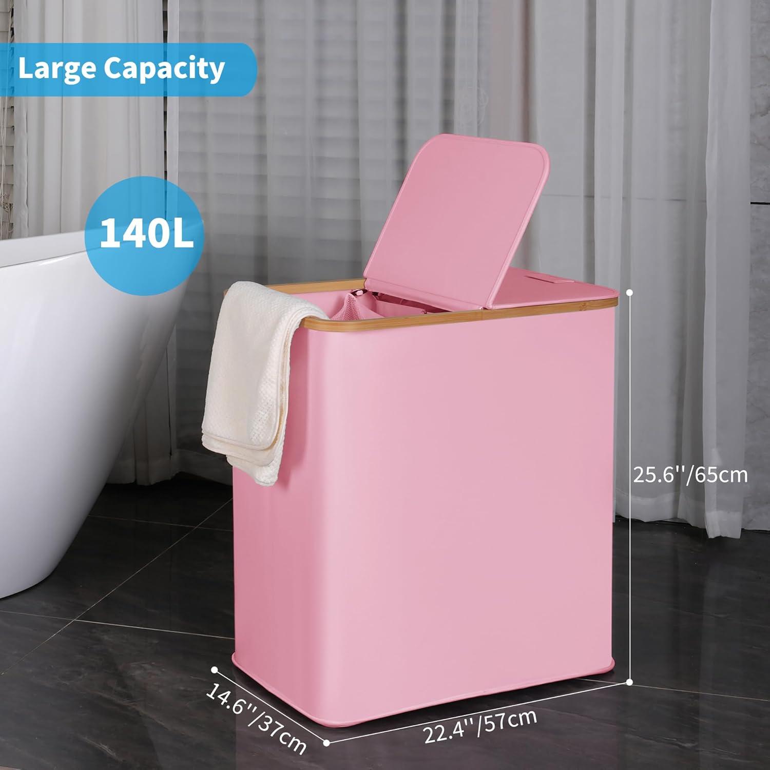 imageefluky Laundry Hamper with Lid Double Laundry Hamper with 2 Removable Bags 2 Section Laundry Basket with Bamboo Handles for Bathroom Bedroom amp Laundry Room 140L 369 Gallon BeigePink