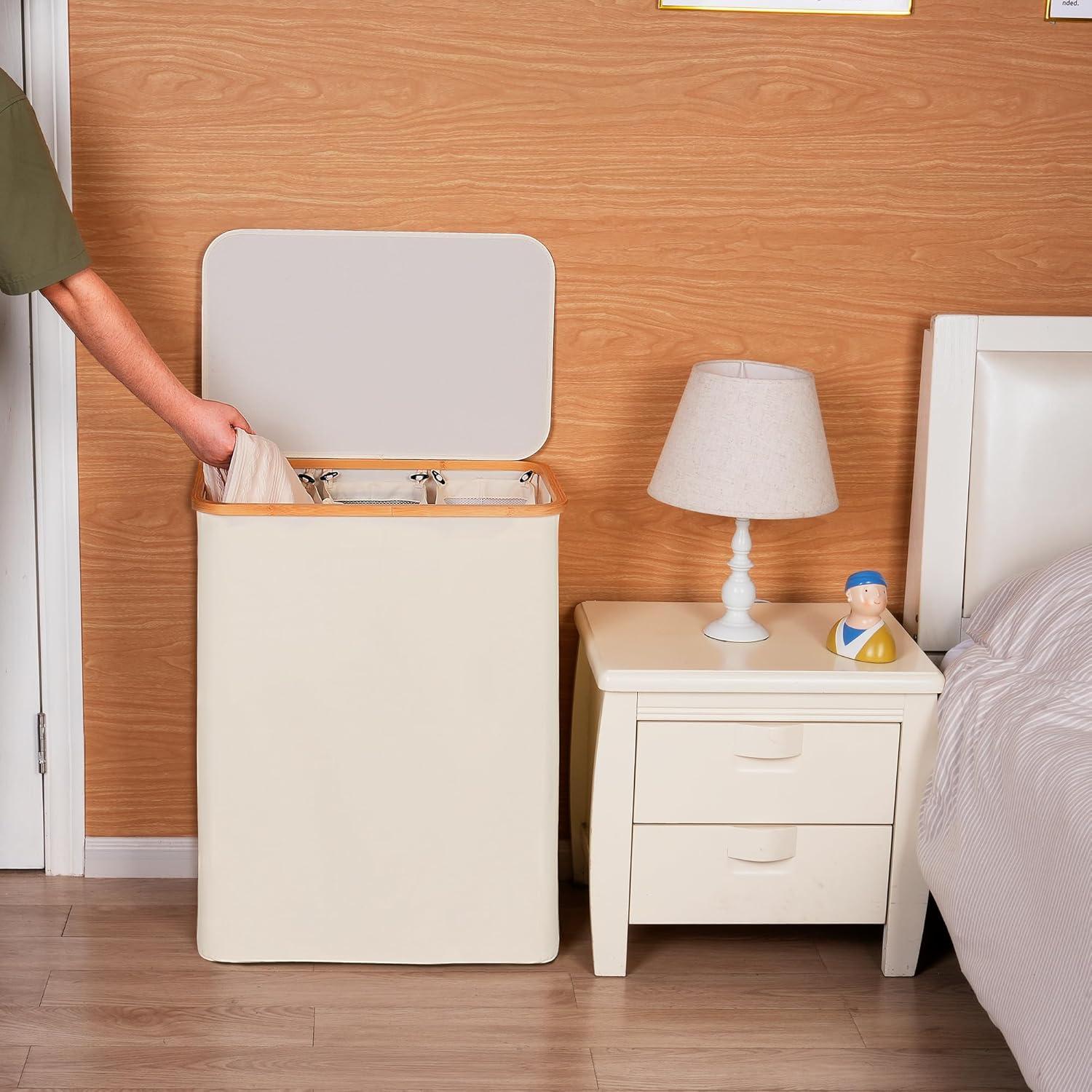 imageefluky Laundry Hamper with Lid Double Laundry Hamper with 2 Removable Bags 2 Section Laundry Basket with Bamboo Handles for Bathroom Bedroom amp Laundry Room 140L 369 Gallon BeigeBeige