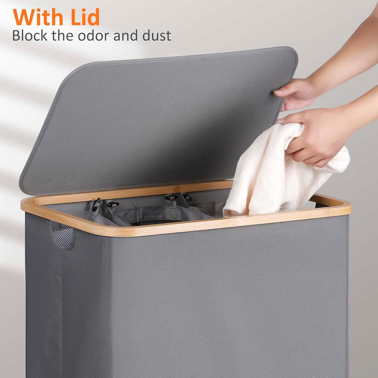imageefluky Laundry Hamper with Lid Double Laundry Hamper with 2 Removable Bags 2 Section Laundry Basket with Bamboo Handles for Bathroom Bedroom amp Laundry Room 140L 369 Gallon BeigeSilver Grey