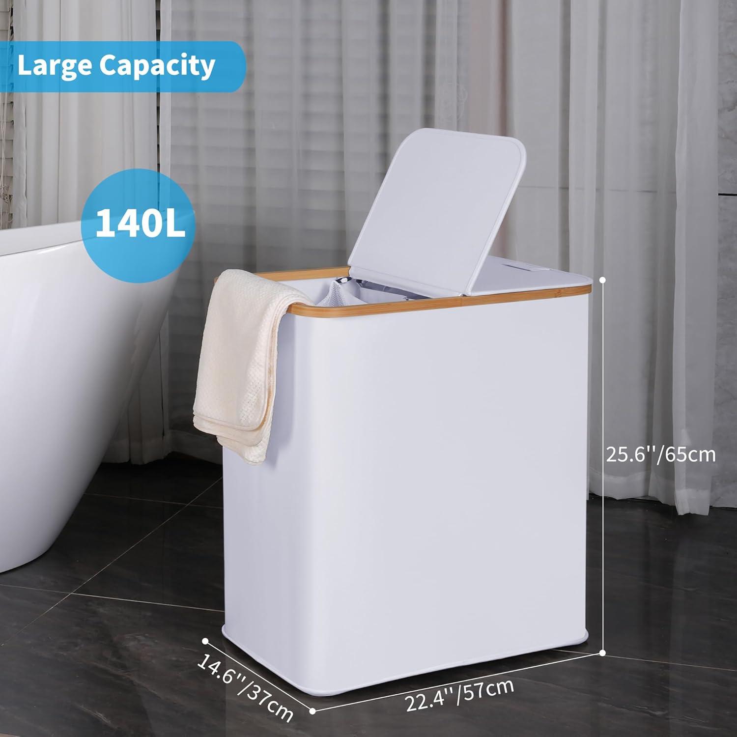 imageefluky Laundry Hamper with Lid Double Laundry Hamper with 2 Removable Bags 2 Section Laundry Basket with Bamboo Handles for Bathroom Bedroom amp Laundry Room 140L 369 Gallon BeigeWhite