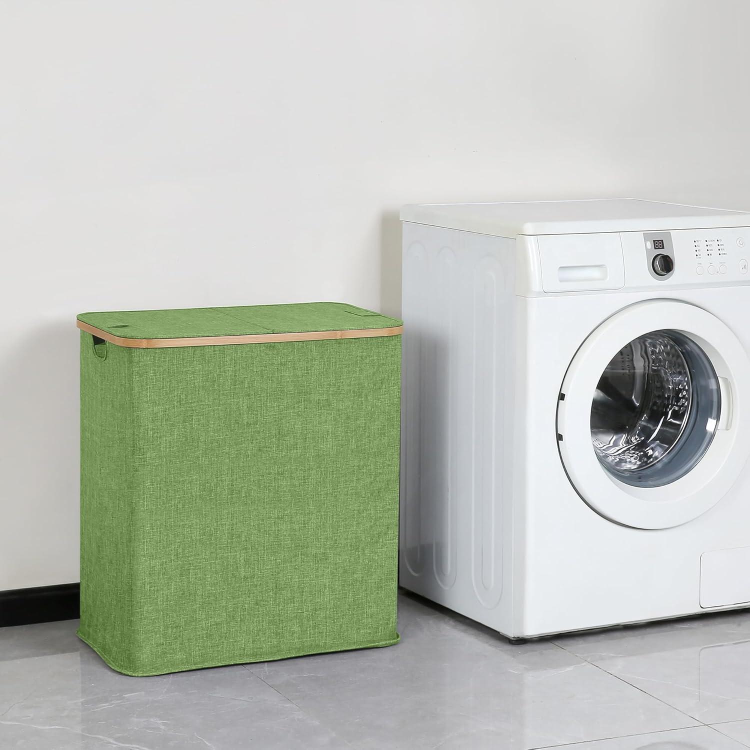 imageefluky Laundry Hamper with Lid Double Laundry Hamper with 2 Removable Bags 2 Section Laundry Basket with Bamboo Handles for Bathroom Bedroom amp Laundry Room 140L 369 Gallon BeigeGreen