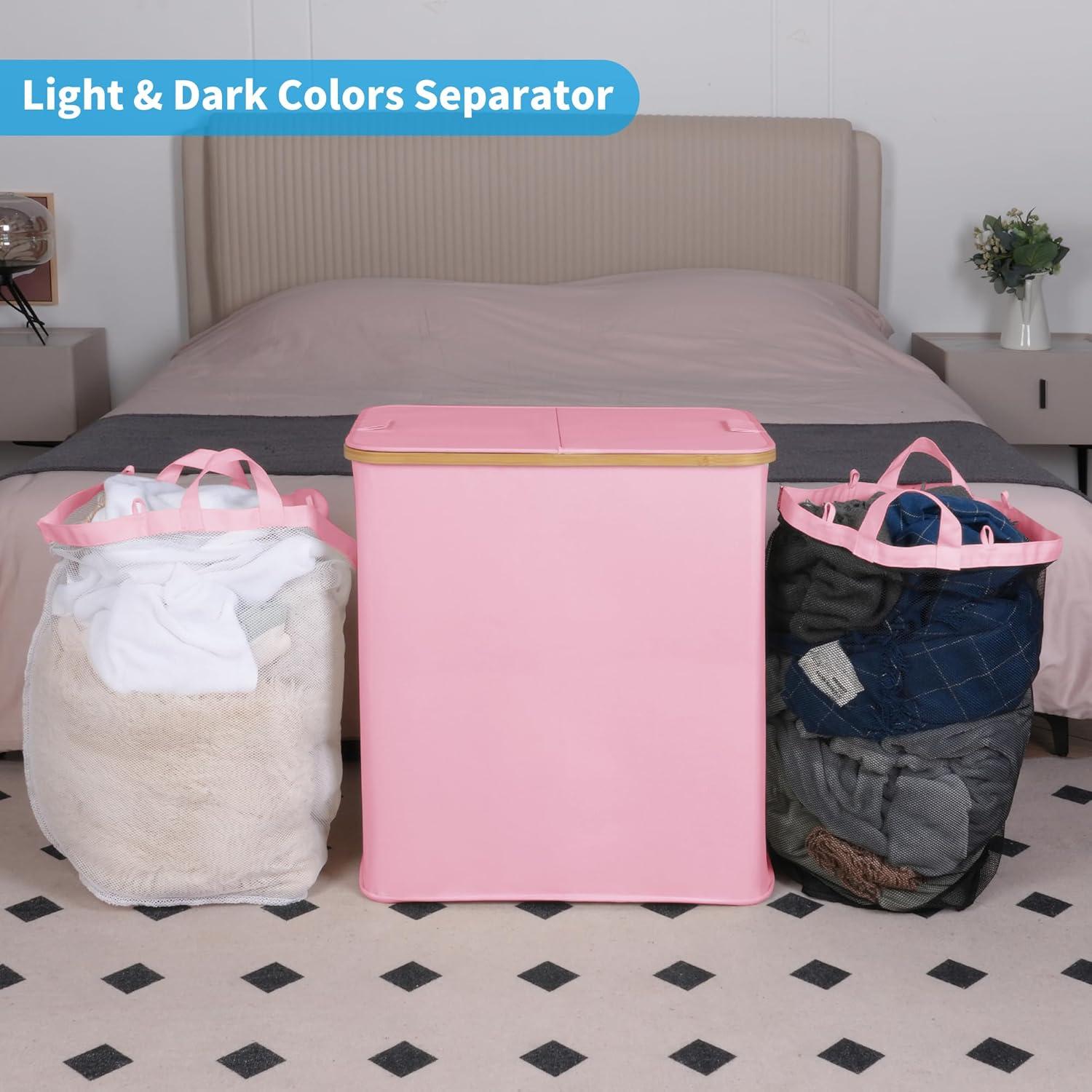 imageefluky Laundry Hamper with Lid Double Laundry Hamper with 2 Removable Bags 2 Section Laundry Basket with Bamboo Handles for Bathroom Bedroom amp Laundry Room 140L 369 Gallon BeigePink