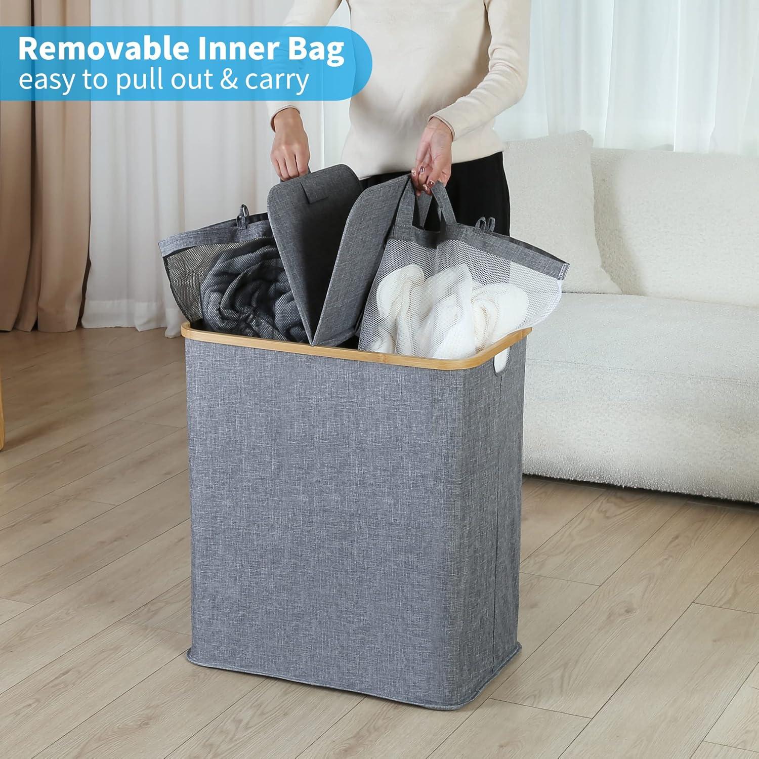 imageefluky Laundry Hamper with Lid Double Laundry Hamper with 2 Removable Bags 2 Section Laundry Basket with Bamboo Handles for Bathroom Bedroom amp Laundry Room 140L 369 Gallon BeigeBlue Grey