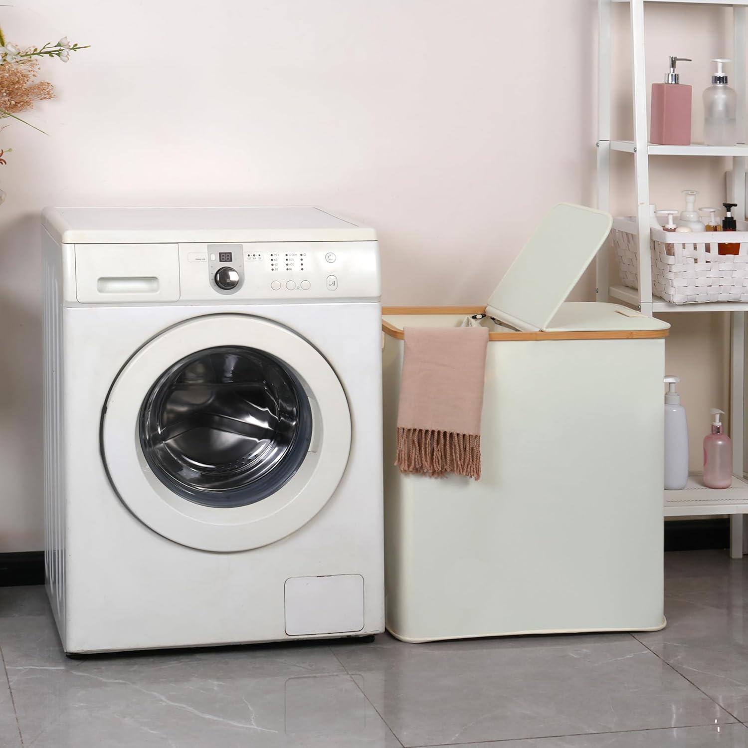 imageefluky Laundry Hamper with Lid Double Laundry Hamper with 2 Removable Bags 2 Section Laundry Basket with Bamboo Handles for Bathroom Bedroom amp Laundry Room 140L 369 Gallon BeigeBeige