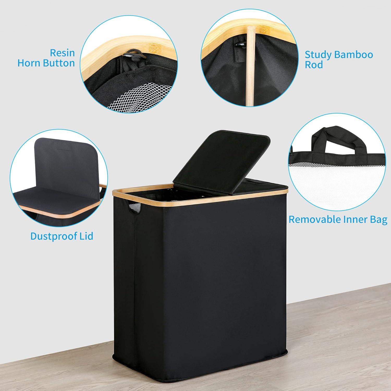 imageefluky Laundry Hamper with Lid Double Laundry Hamper with 2 Removable Bags 2 Section Laundry Basket with Bamboo Handles for Bathroom Bedroom amp Laundry Room 140L 369 Gallon BeigeBlack