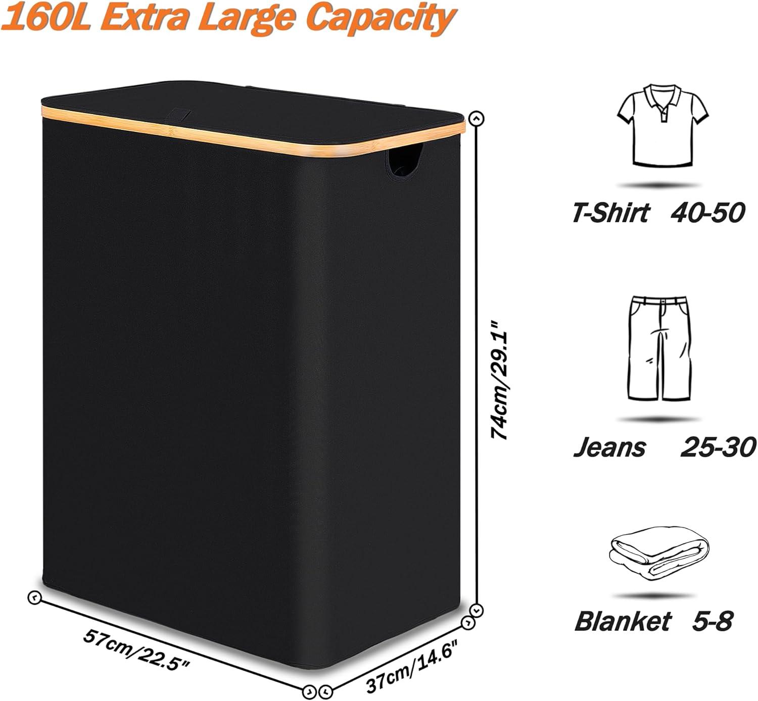imageefluky Laundry Hamper with Lid Double Laundry Hamper with 2 Removable Bags 2 Section Laundry Basket with Bamboo Handles for Bathroom Bedroom amp Laundry Room 140L 369 Gallon BeigeBlack