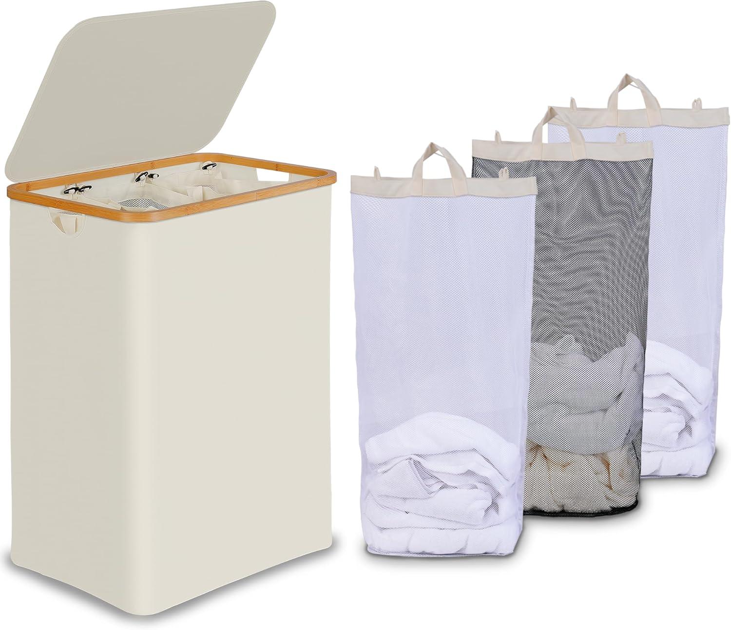 imageefluky Laundry Hamper with Lid Double Laundry Hamper with 2 Removable Bags 2 Section Laundry Basket with Bamboo Handles for Bathroom Bedroom amp Laundry Room 140L 369 Gallon BeigeBeige