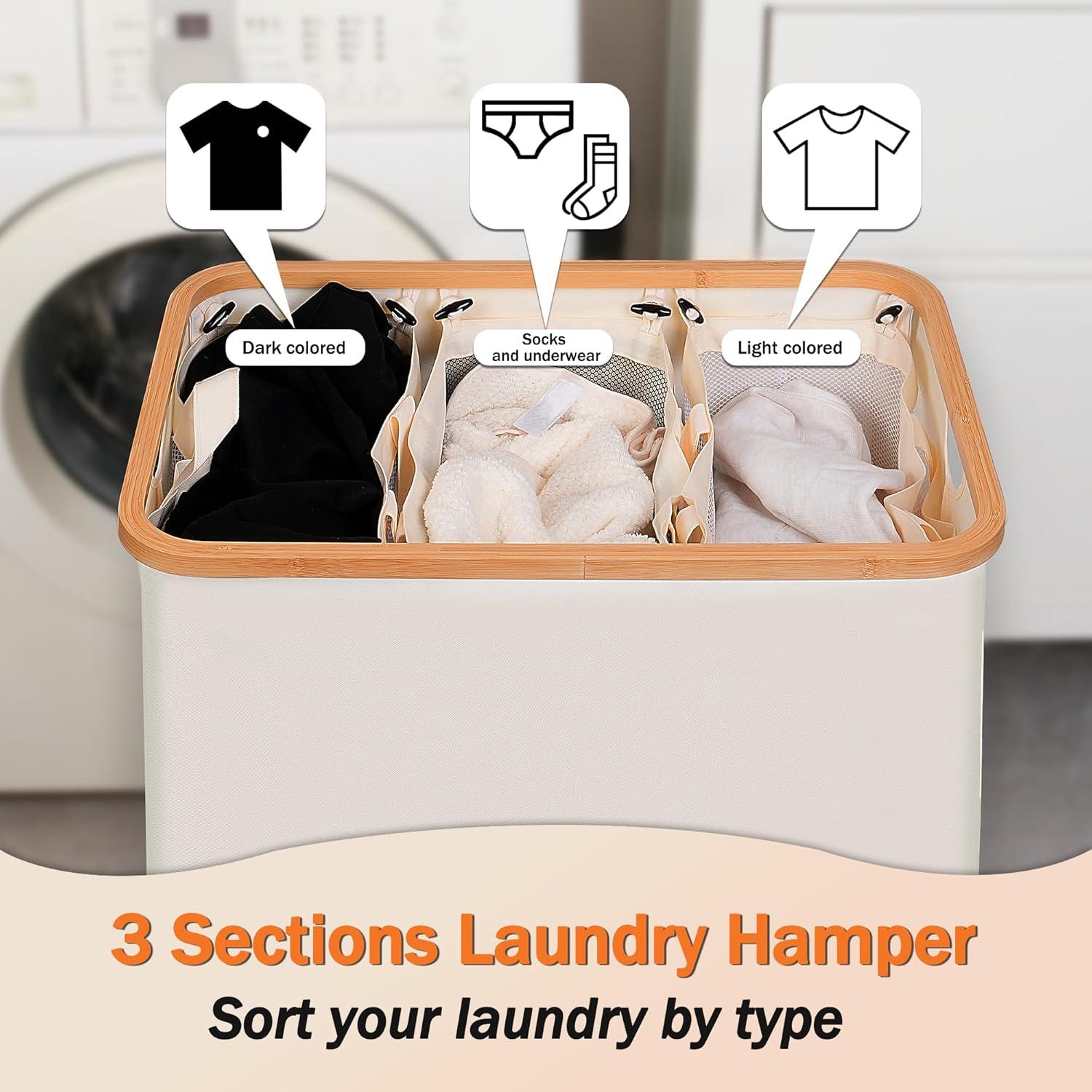 imageefluky Laundry Hamper with Lid Double Laundry Hamper with 2 Removable Bags 2 Section Laundry Basket with Bamboo Handles for Bathroom Bedroom amp Laundry Room 140L 369 Gallon BeigeBeige