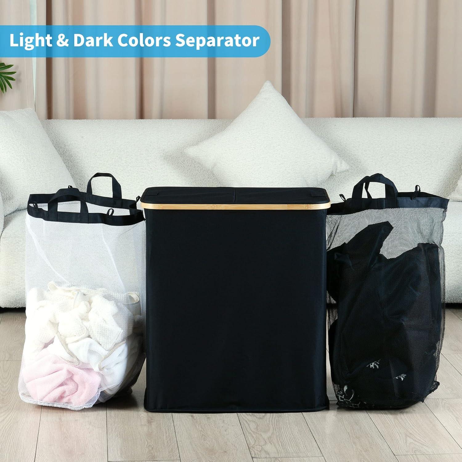 imageefluky Laundry Hamper with Lid Double Laundry Hamper with 2 Removable Bags 2 Section Laundry Basket with Bamboo Handles for Bathroom Bedroom amp Laundry Room 140L 369 Gallon BeigeBlack