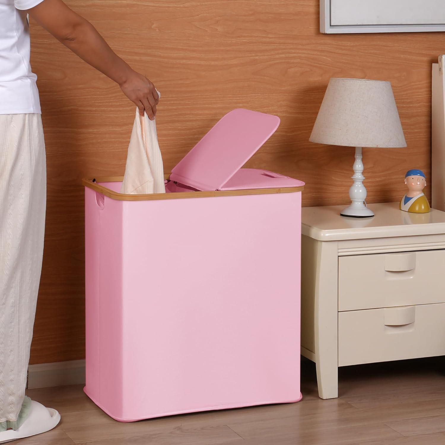 imageefluky Laundry Hamper with Lid Double Laundry Hamper with 2 Removable Bags 2 Section Laundry Basket with Bamboo Handles for Bathroom Bedroom amp Laundry Room 140L 369 Gallon BeigePink
