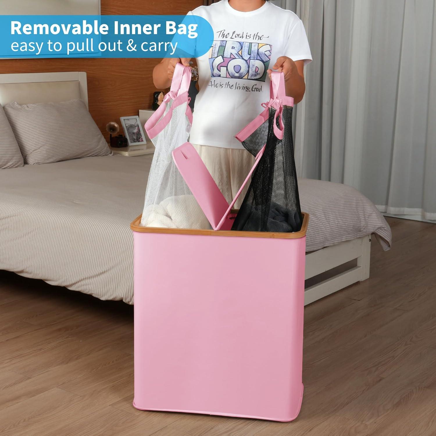 imageefluky Laundry Hamper with Lid Double Laundry Hamper with 2 Removable Bags 2 Section Laundry Basket with Bamboo Handles for Bathroom Bedroom amp Laundry Room 140L 369 Gallon BeigePink