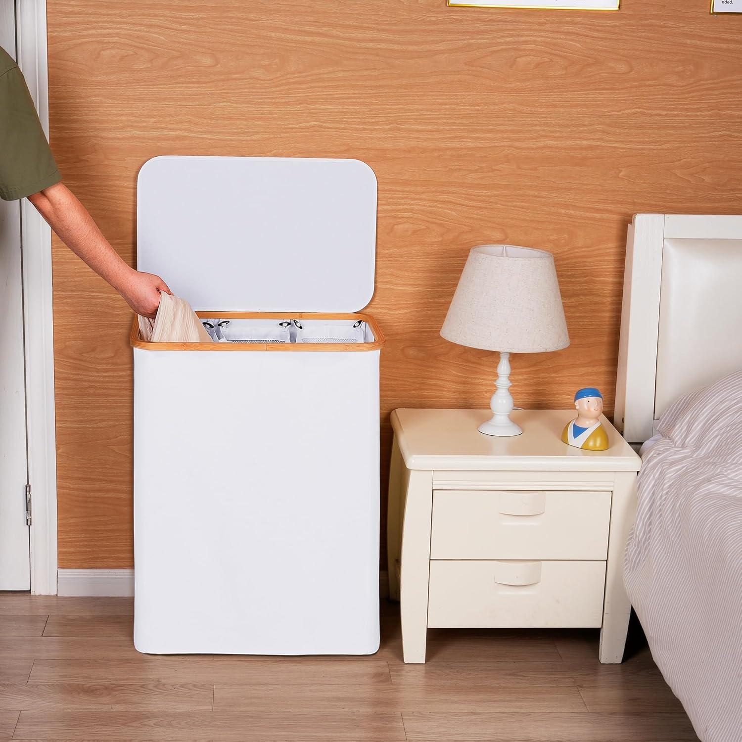 imageefluky Laundry Hamper with Lid Double Laundry Hamper with 2 Removable Bags 2 Section Laundry Basket with Bamboo Handles for Bathroom Bedroom amp Laundry Room 140L 369 Gallon BeigeWhite