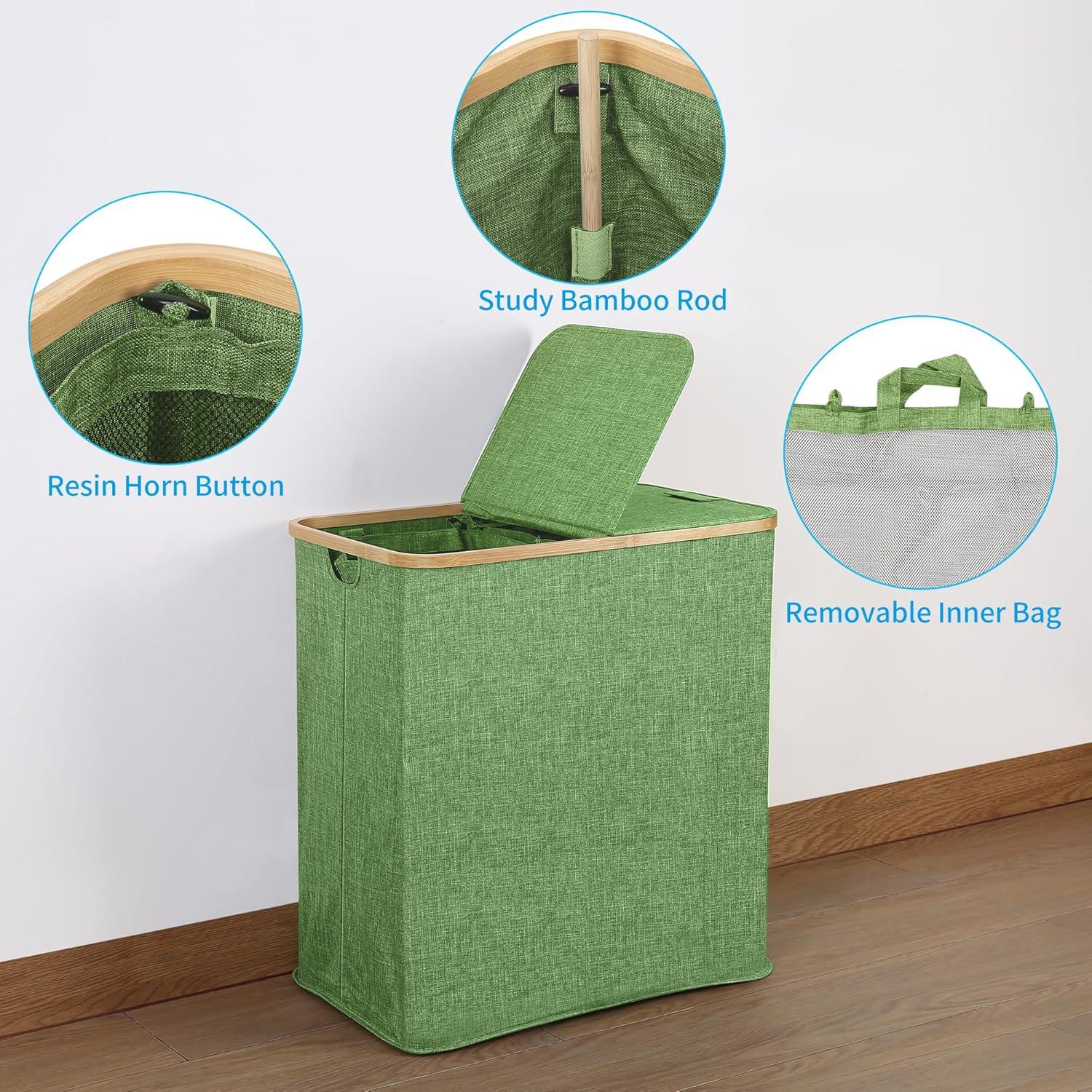 imageefluky Laundry Hamper with Lid Double Laundry Hamper with 2 Removable Bags 2 Section Laundry Basket with Bamboo Handles for Bathroom Bedroom amp Laundry Room 140L 369 Gallon BeigeGreen