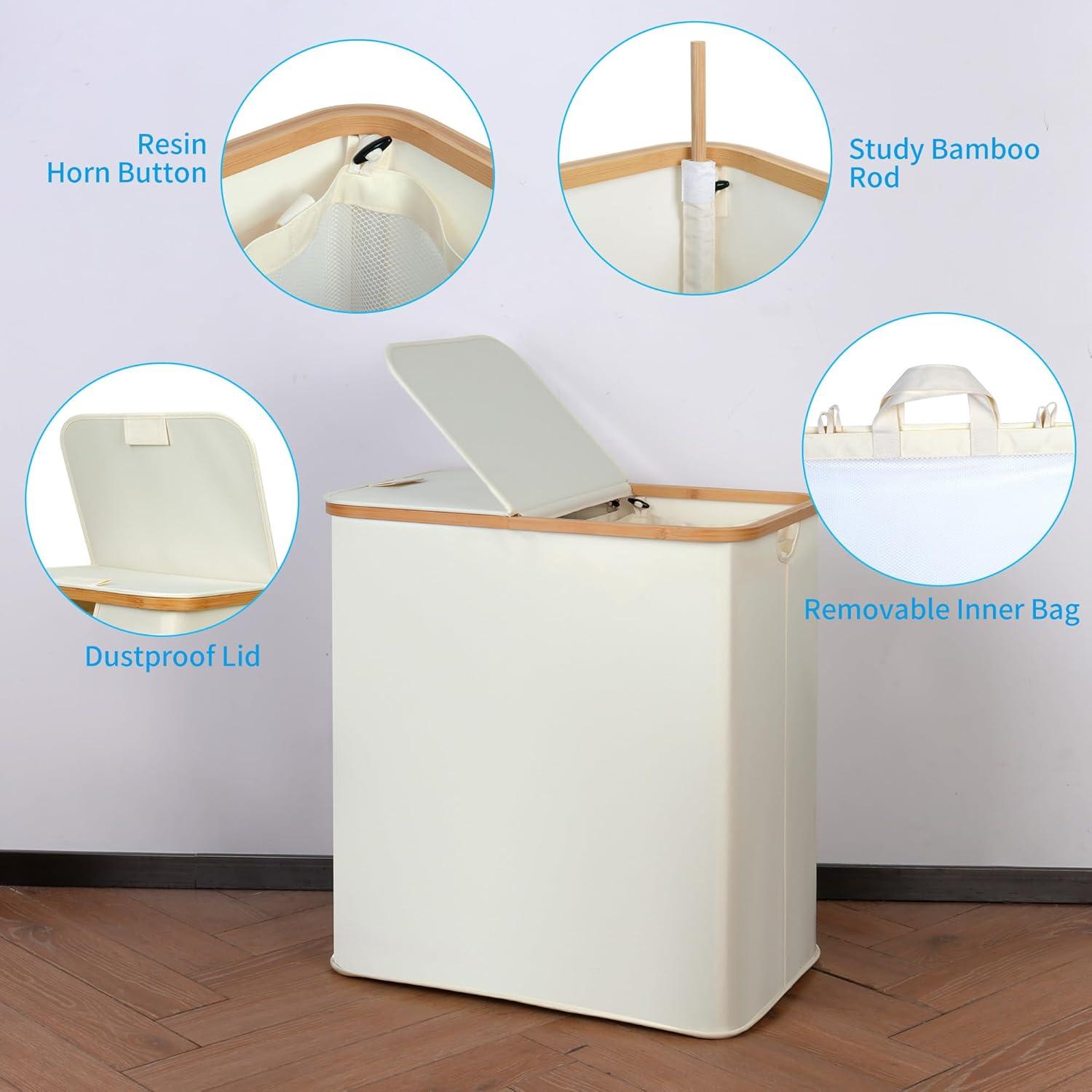 imageefluky Laundry Hamper with Lid Double Laundry Hamper with 2 Removable Bags 2 Section Laundry Basket with Bamboo Handles for Bathroom Bedroom amp Laundry Room 140L 369 Gallon BeigeBeige