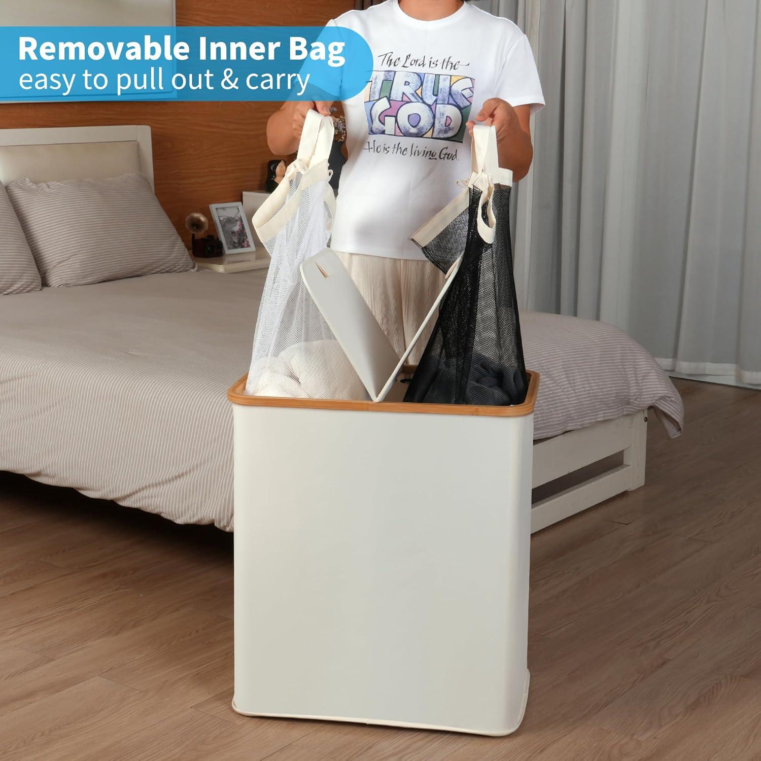 imageefluky Laundry Hamper with Lid Double Laundry Hamper with 2 Removable Bags 2 Section Laundry Basket with Bamboo Handles for Bathroom Bedroom amp Laundry Room 140L 369 Gallon BeigeBeige