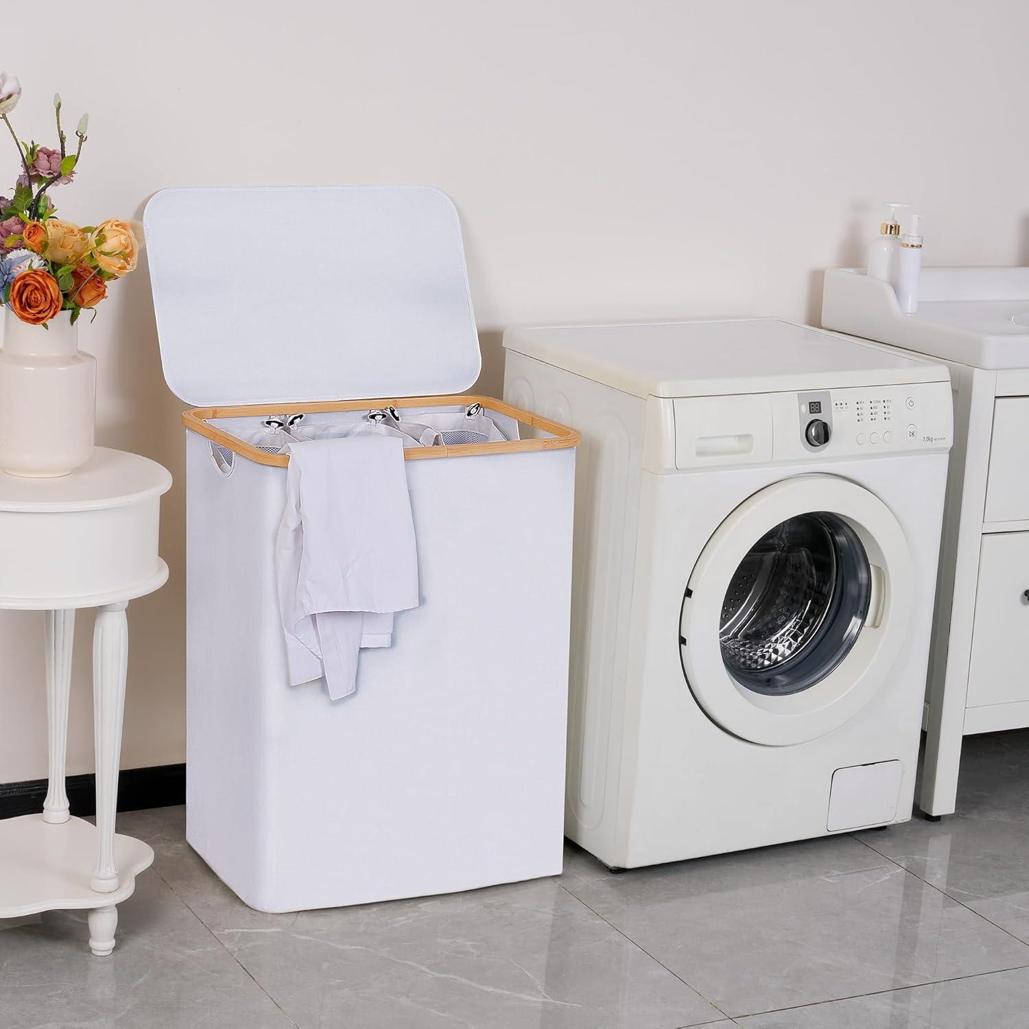 imageefluky Laundry Hamper with Lid Double Laundry Hamper with 2 Removable Bags 2 Section Laundry Basket with Bamboo Handles for Bathroom Bedroom amp Laundry Room 140L 369 Gallon BeigeWhite