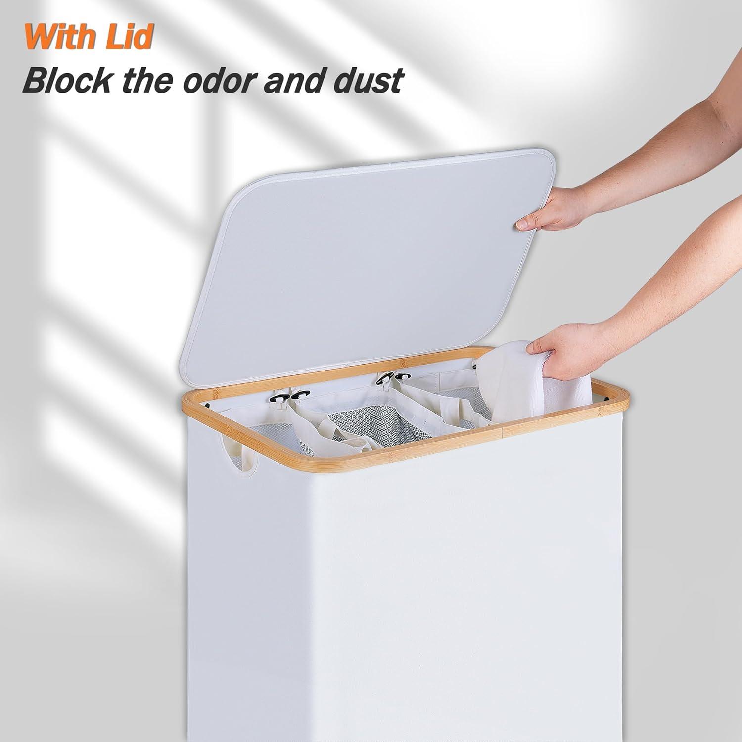 imageefluky Laundry Hamper with Lid Double Laundry Hamper with 2 Removable Bags 2 Section Laundry Basket with Bamboo Handles for Bathroom Bedroom amp Laundry Room 140L 369 Gallon BeigeWhite