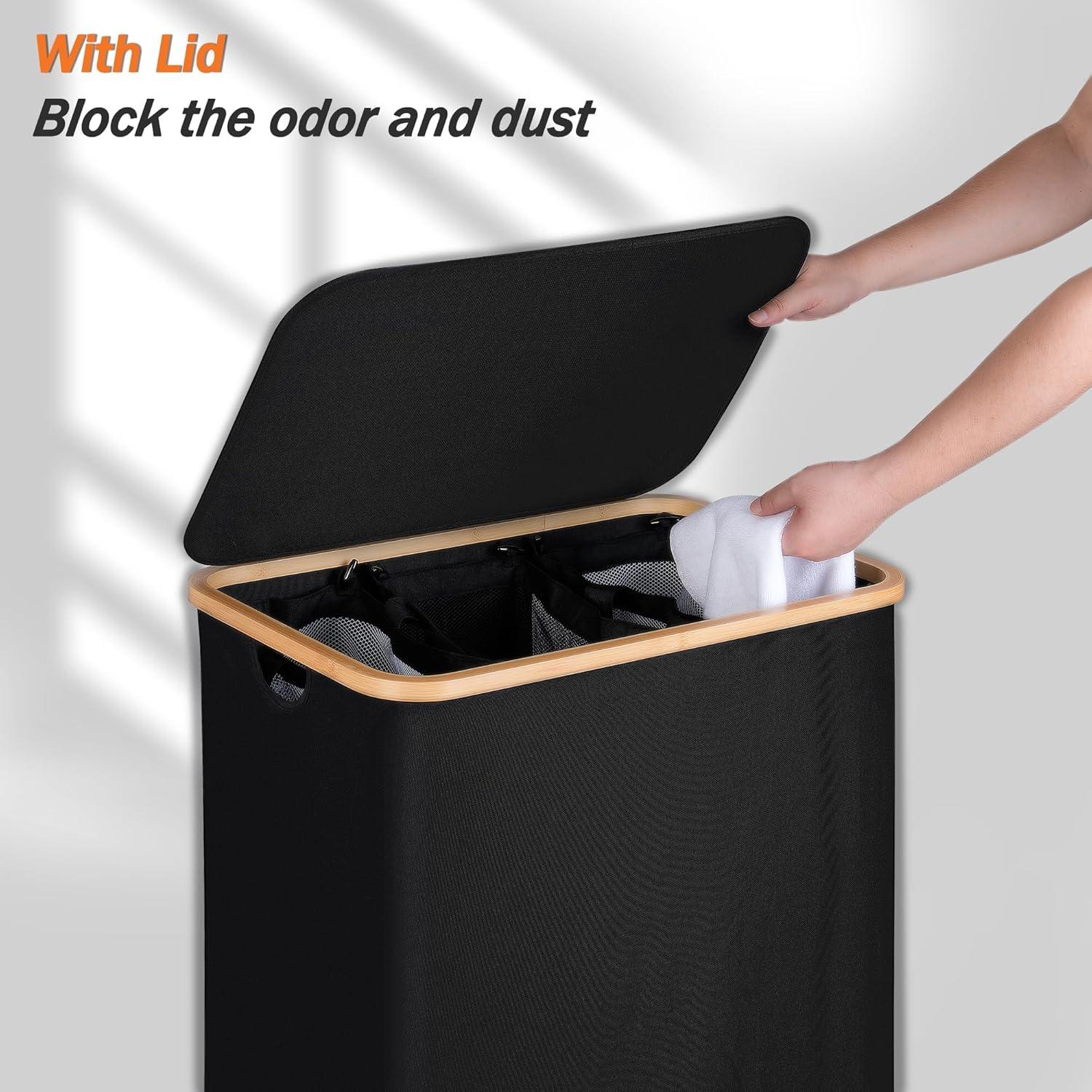 imageefluky Laundry Hamper with Lid Double Laundry Hamper with 2 Removable Bags 2 Section Laundry Basket with Bamboo Handles for Bathroom Bedroom amp Laundry Room 140L 369 Gallon BeigeBlack