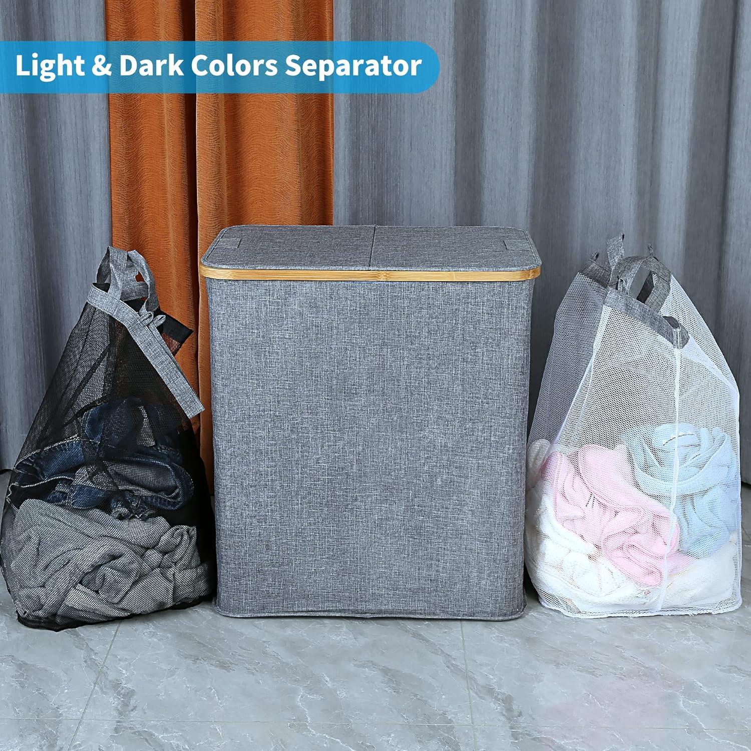 imageefluky Laundry Hamper with Lid Double Laundry Hamper with 2 Removable Bags 2 Section Laundry Basket with Bamboo Handles for Bathroom Bedroom amp Laundry Room 140L 369 Gallon BeigeBlue Grey