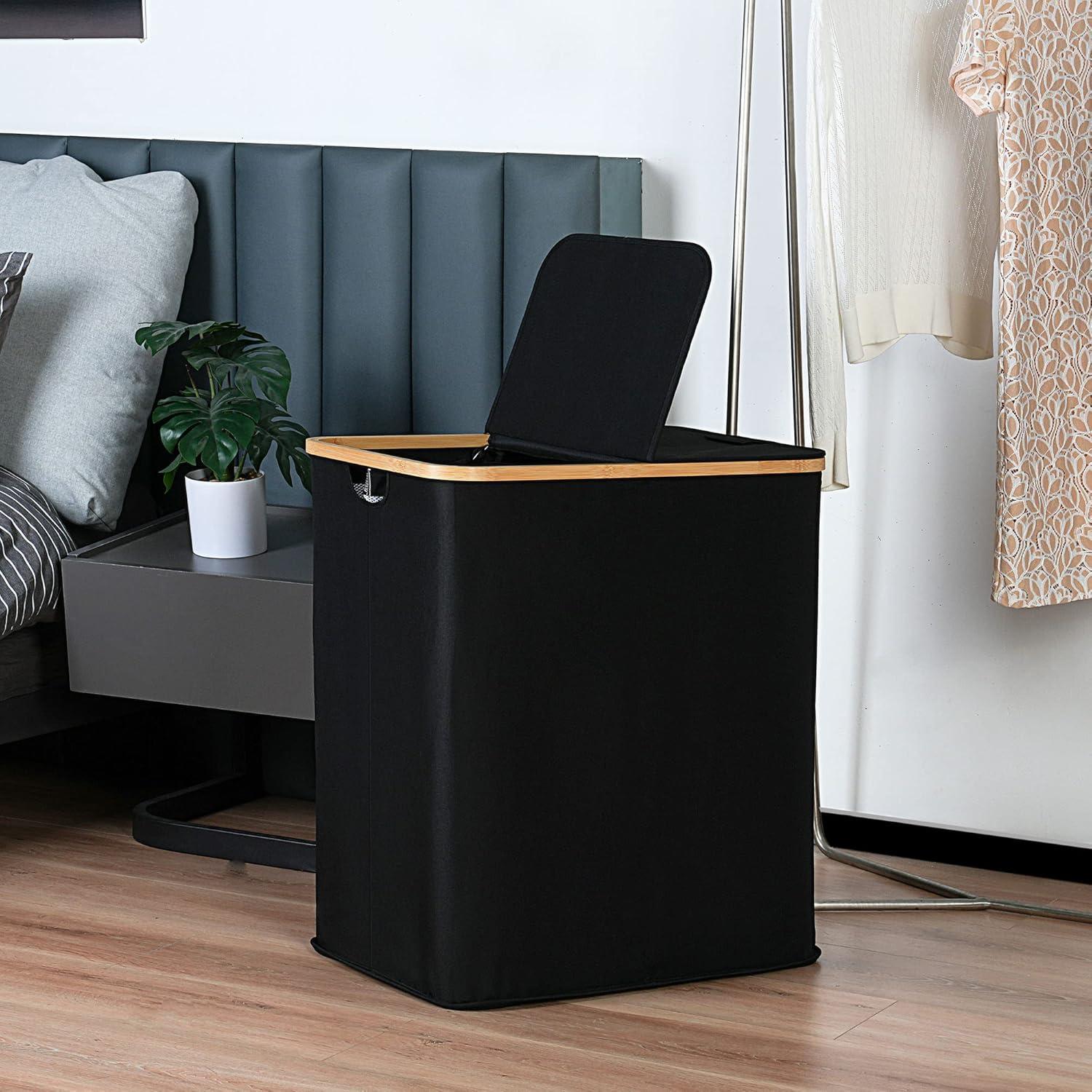 imageefluky Laundry Hamper with Lid Double Laundry Hamper with 2 Removable Bags 2 Section Laundry Basket with Bamboo Handles for Bathroom Bedroom amp Laundry Room 140L 369 Gallon BeigeBlack