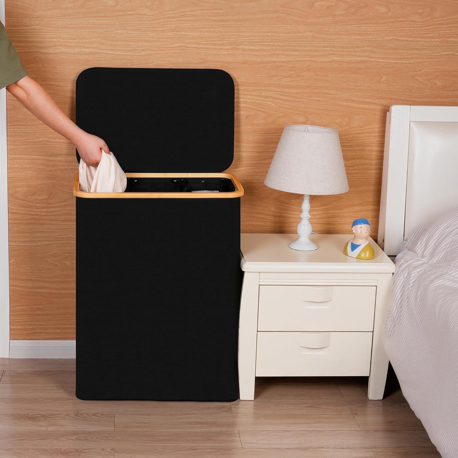 imageefluky Laundry Hamper with Lid Double Laundry Hamper with 2 Removable Bags 2 Section Laundry Basket with Bamboo Handles for Bathroom Bedroom amp Laundry Room 140L 369 Gallon BeigeBlack
