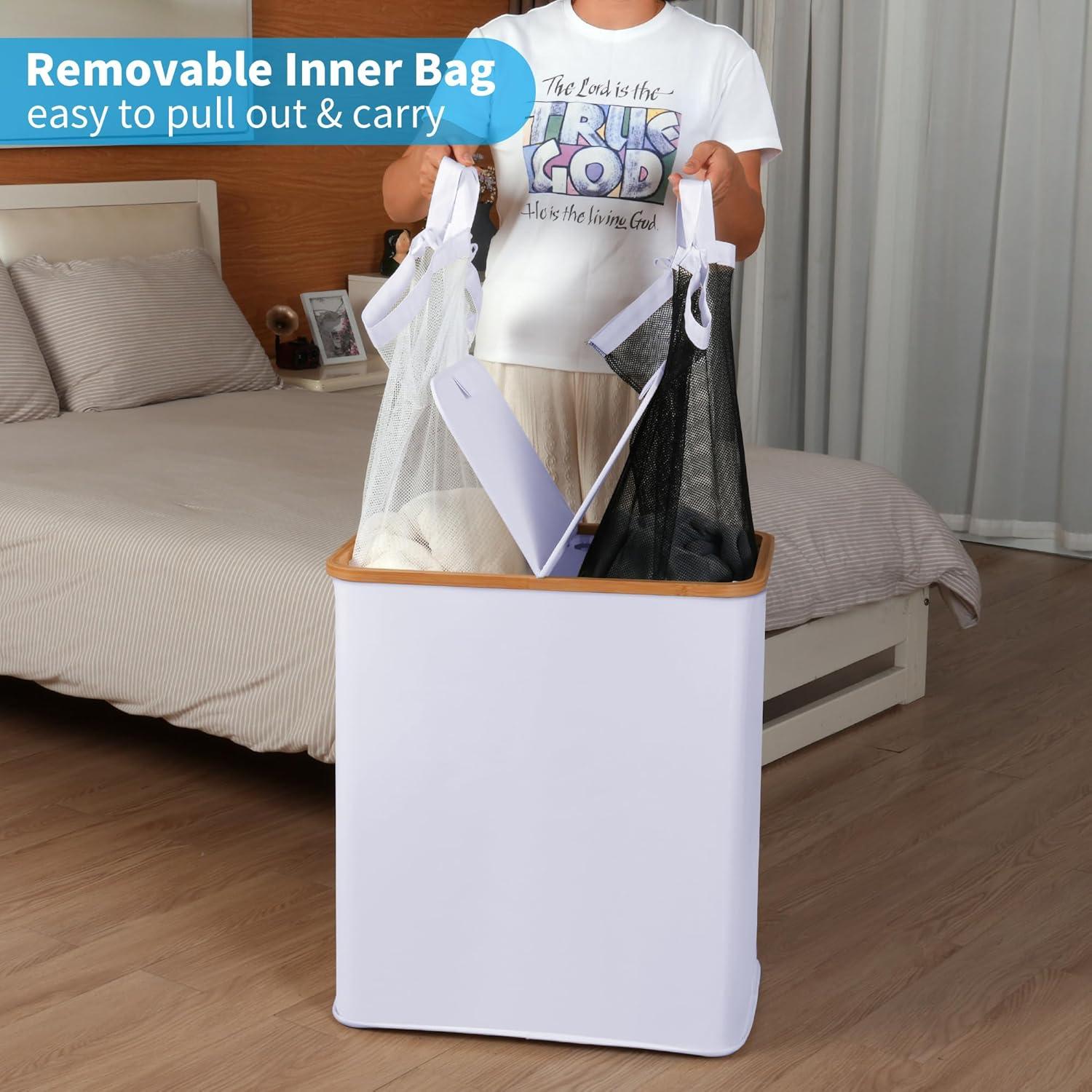 imageefluky Laundry Hamper with Lid Double Laundry Hamper with 2 Removable Bags 2 Section Laundry Basket with Bamboo Handles for Bathroom Bedroom amp Laundry Room 140L 369 Gallon BeigeWhite