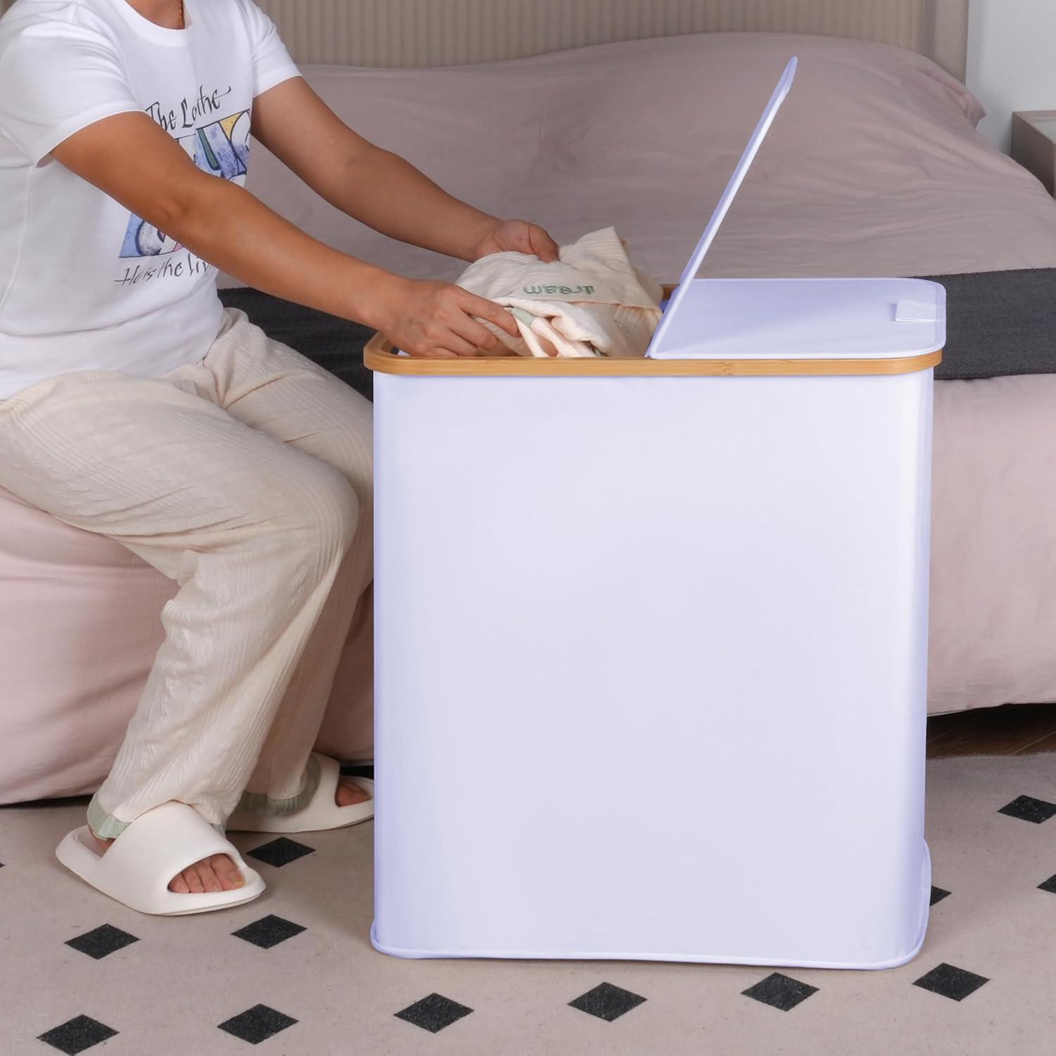 imageefluky Laundry Hamper with Lid Double Laundry Hamper with 2 Removable Bags 2 Section Laundry Basket with Bamboo Handles for Bathroom Bedroom amp Laundry Room 140L 369 Gallon BeigeWhite